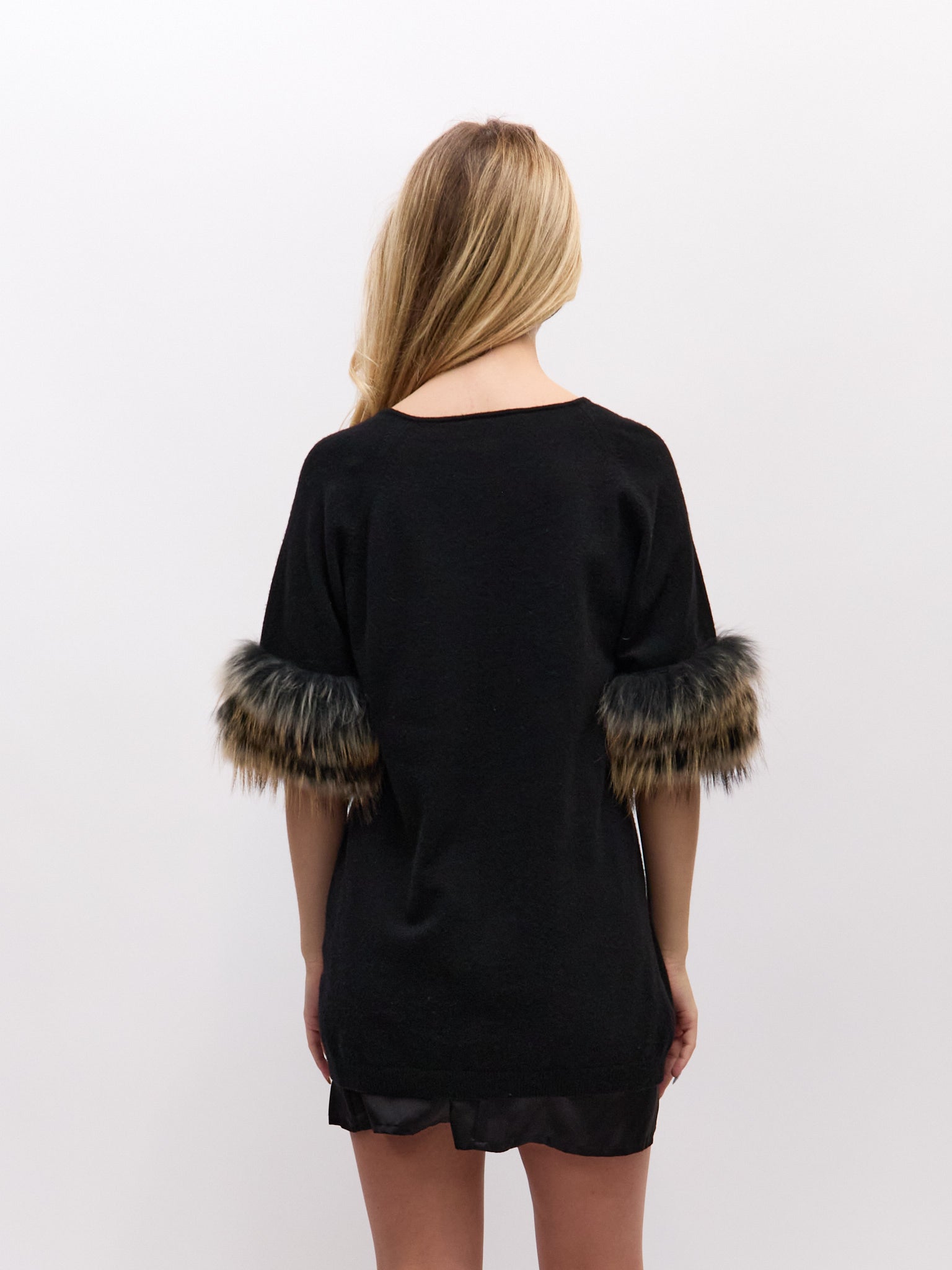 Roberto Cavalli CLASS Black Cashmere Fur Sleeve Tunic Top