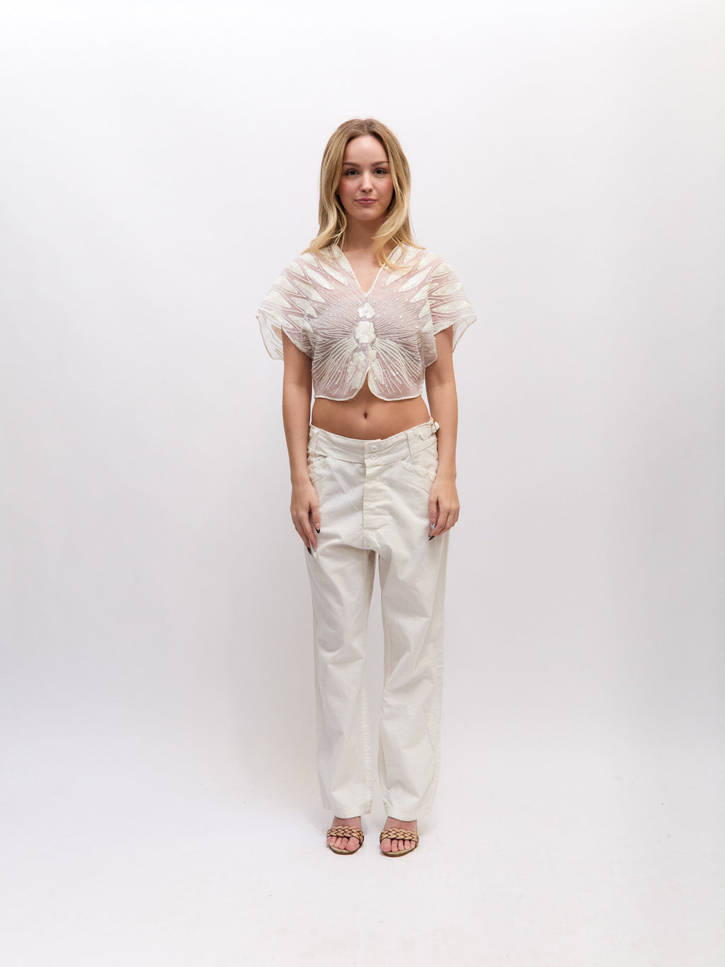 90's Vintage White Sheer Sequin Top