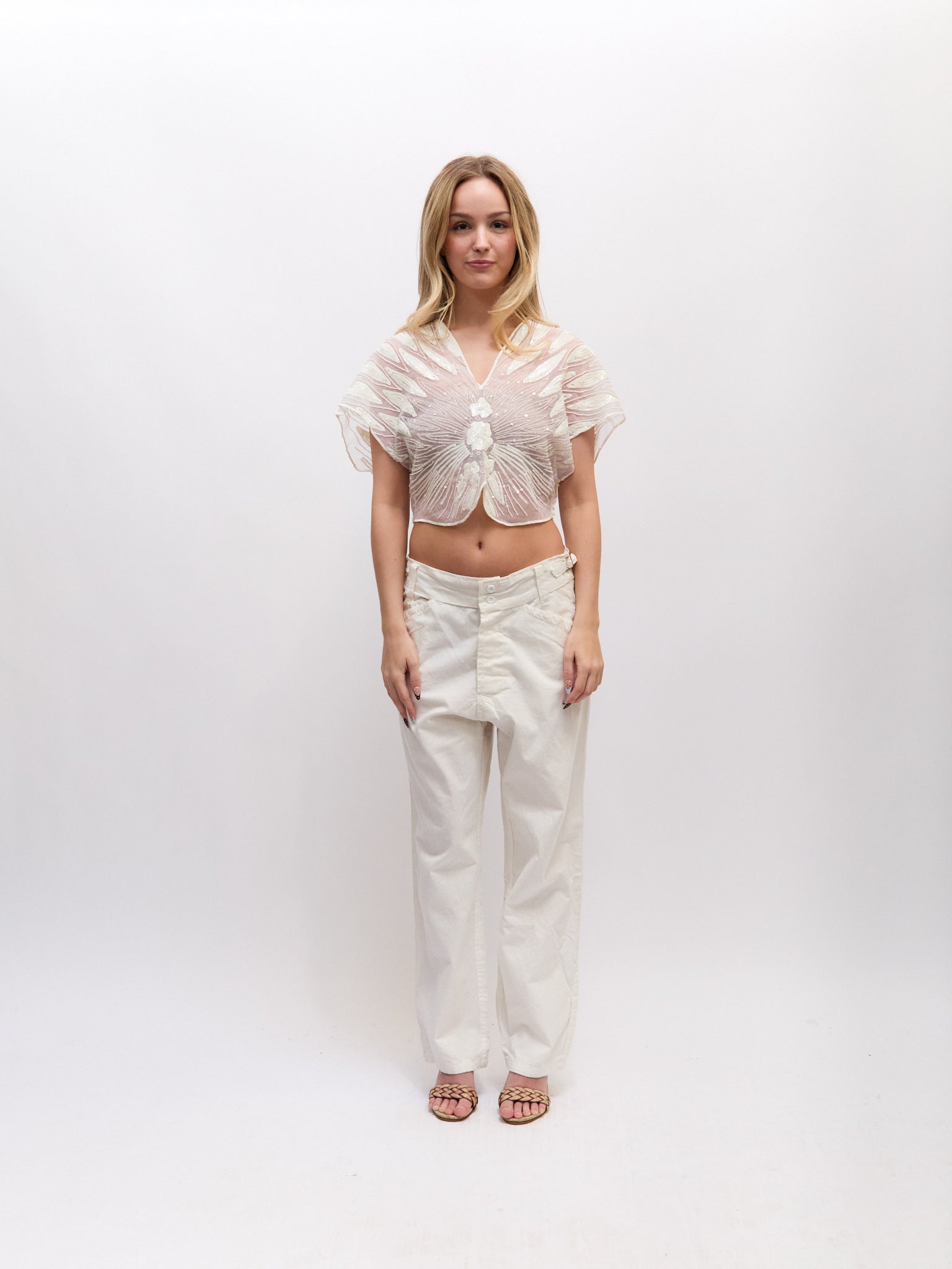 90's Vintage White Sheer Sequin Top