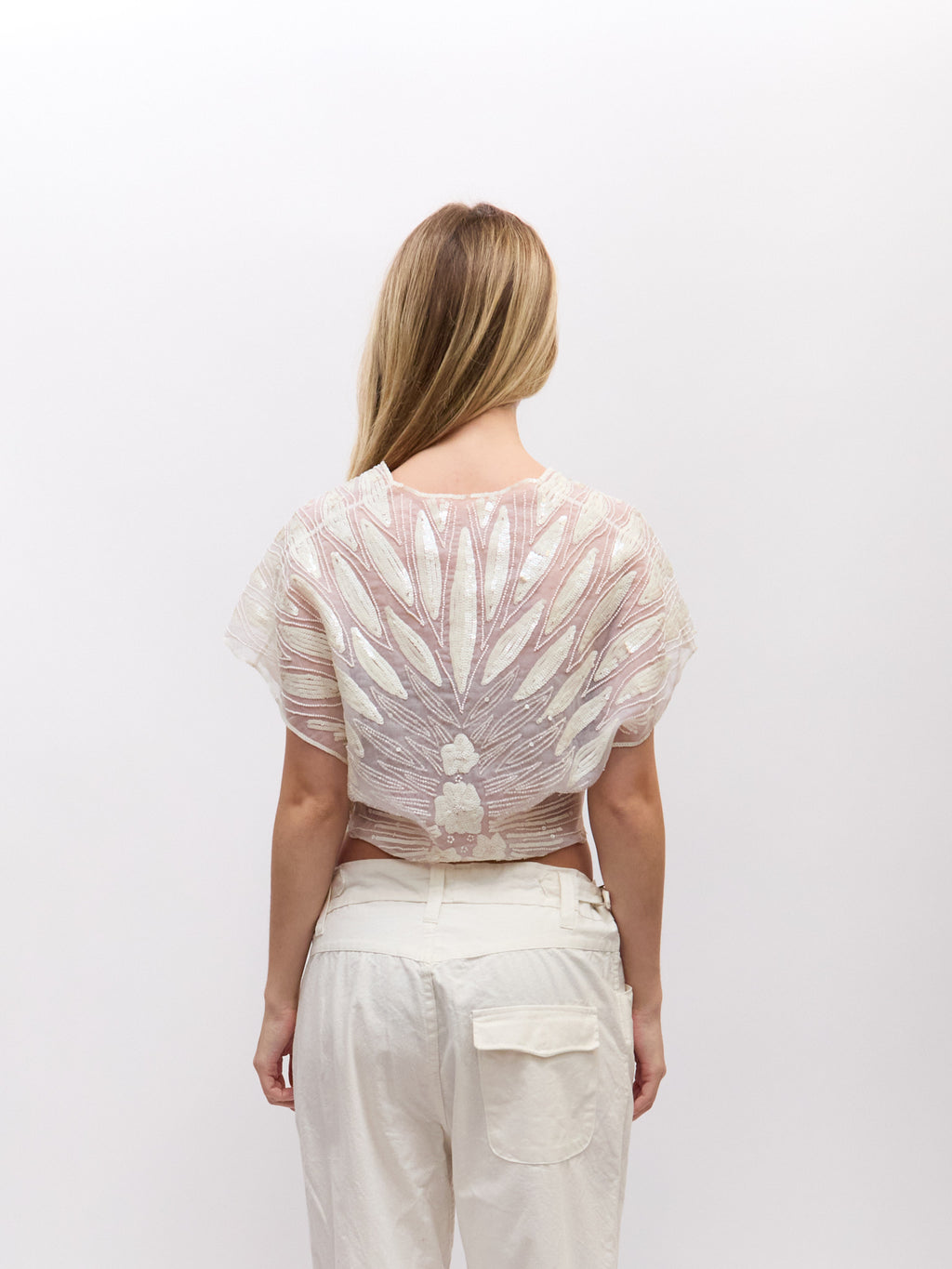 90's Vintage White Sheer Sequin Top