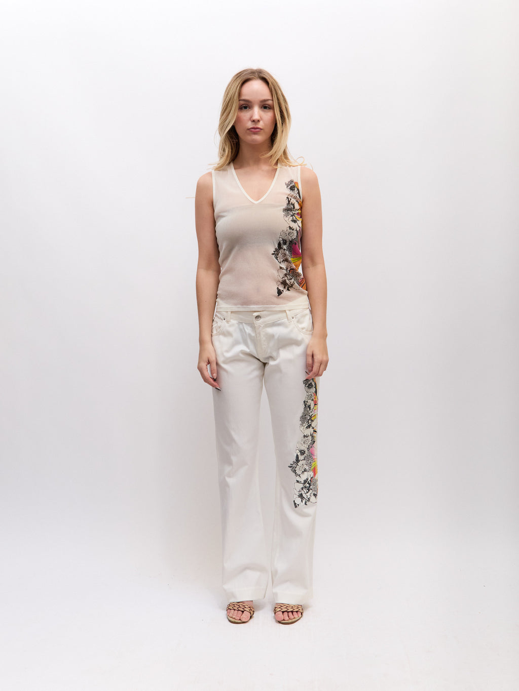 Just Cavalli White Rainbow Flower Stripe Pants Set