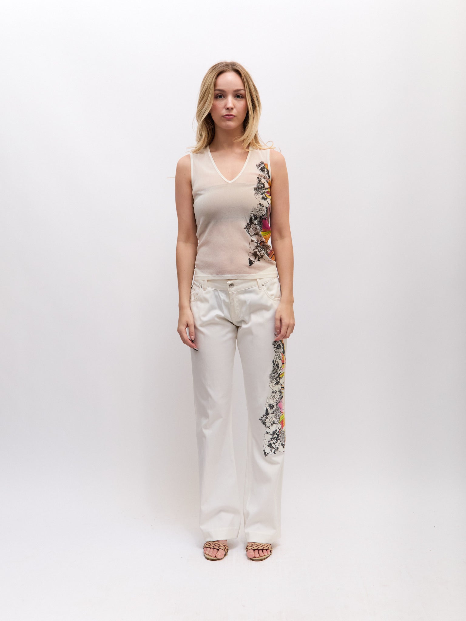 Just Cavalli White Rainbow Flower Stripe Pants Set
