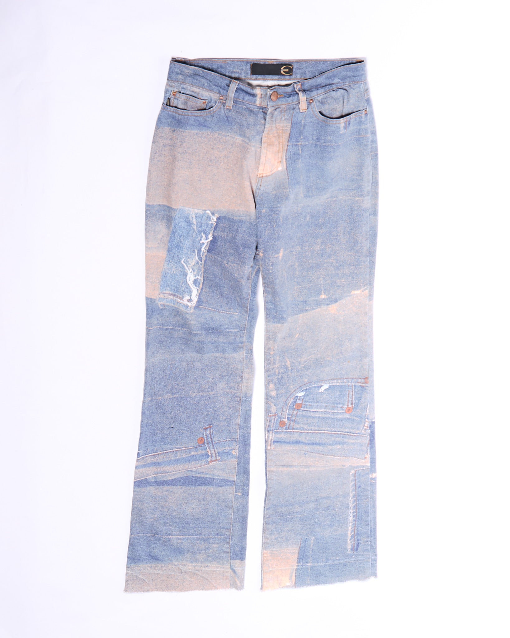 2000s Just Cavalli Trompe L'oeil Denim Print Patchwork Jeans Size S W28