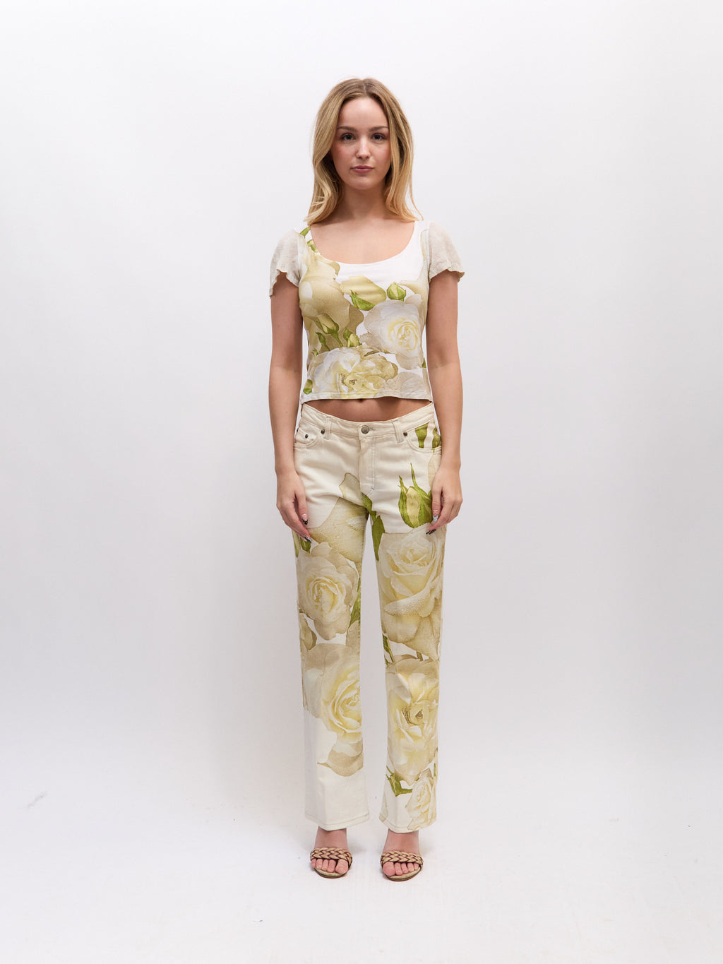 Roberto Cavalli White Rose Print Top Only [SET]
