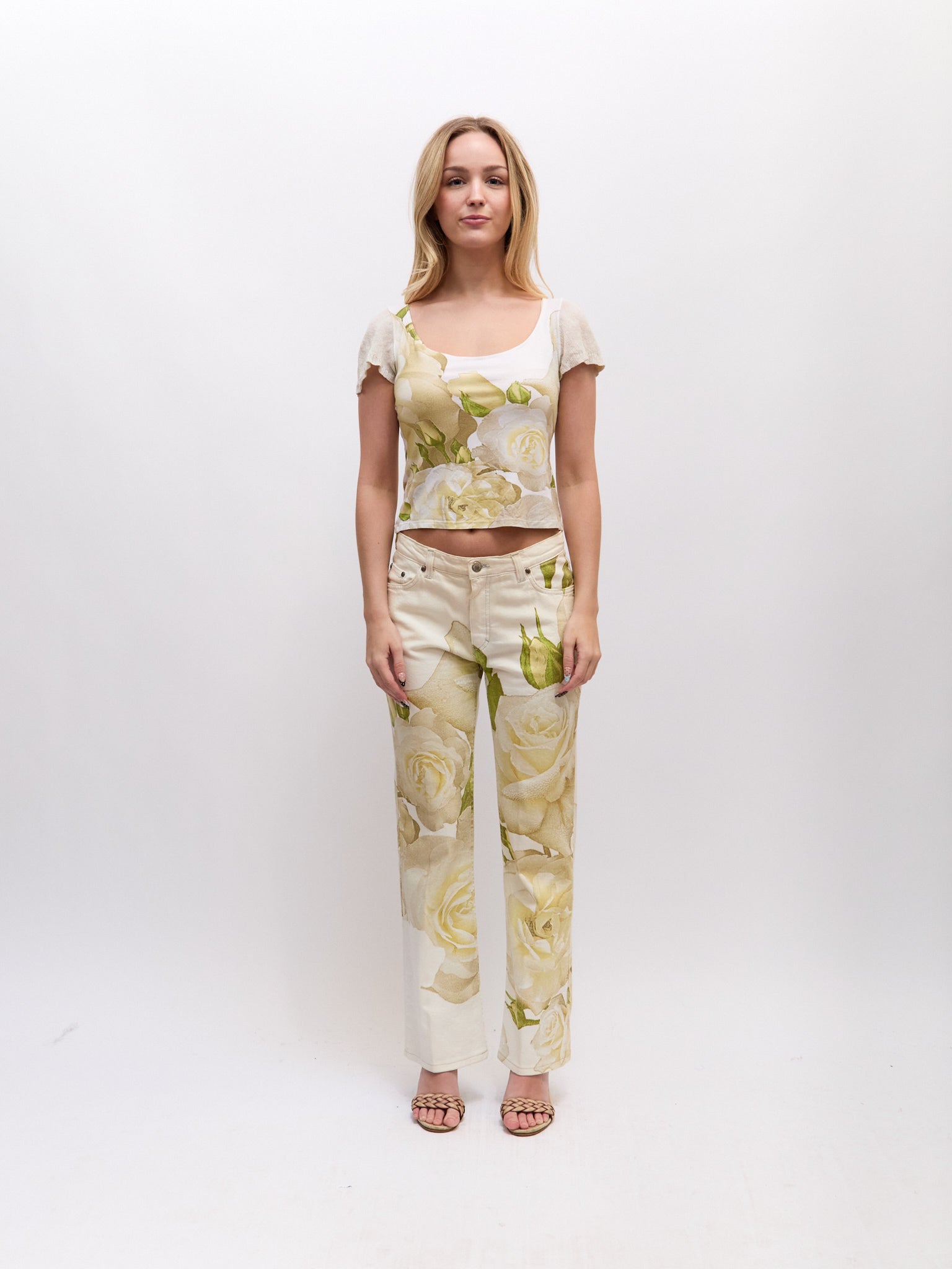 Roberto Cavalli White Rose Print Pants Only [SET]