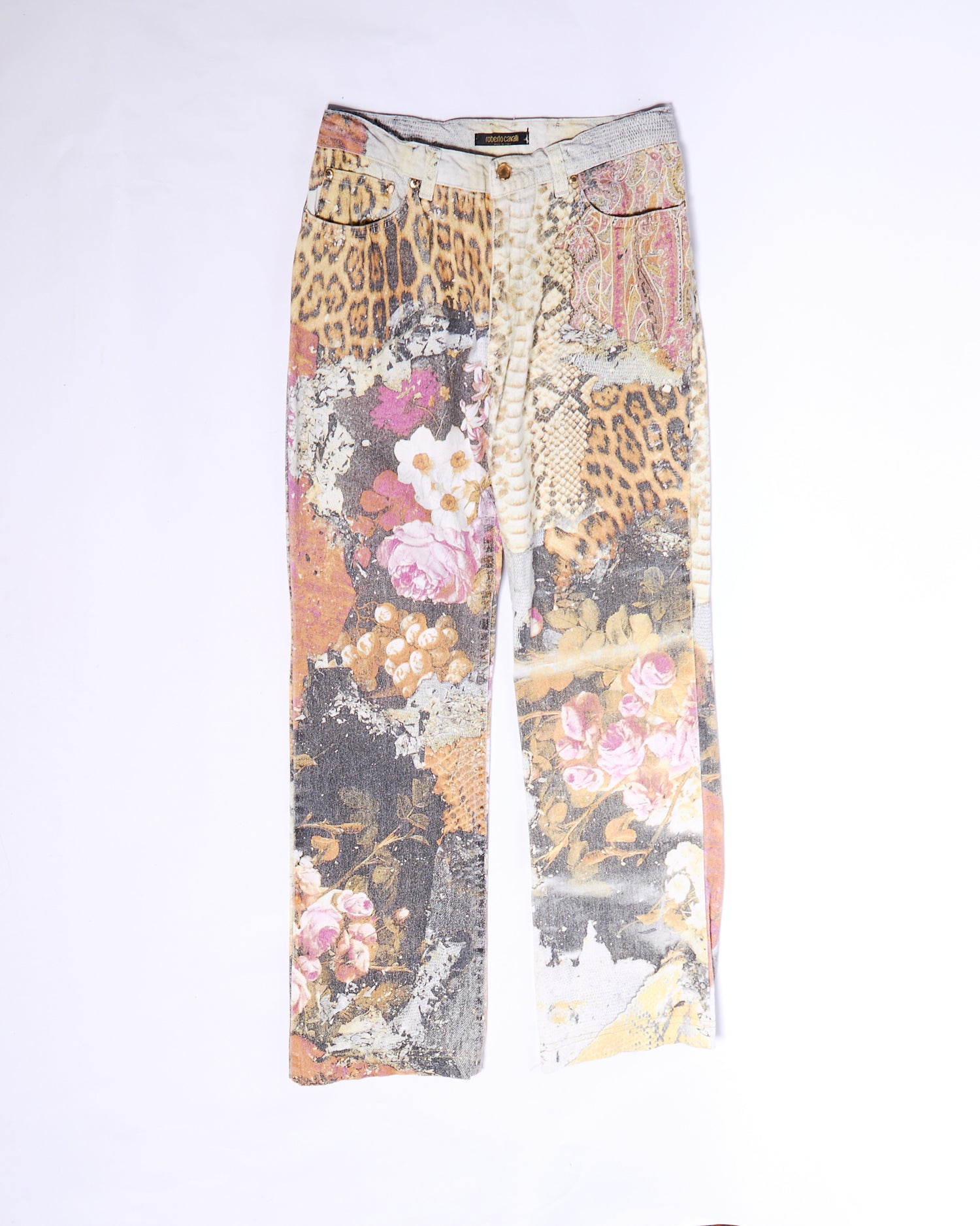 2000s Roberto Cavalli Multicolor Leopard Patchwork Print Jeans Size S W29