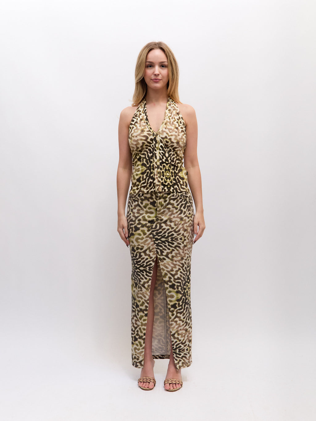 Just Cavalli Green Black Print Halter & Skirt Set