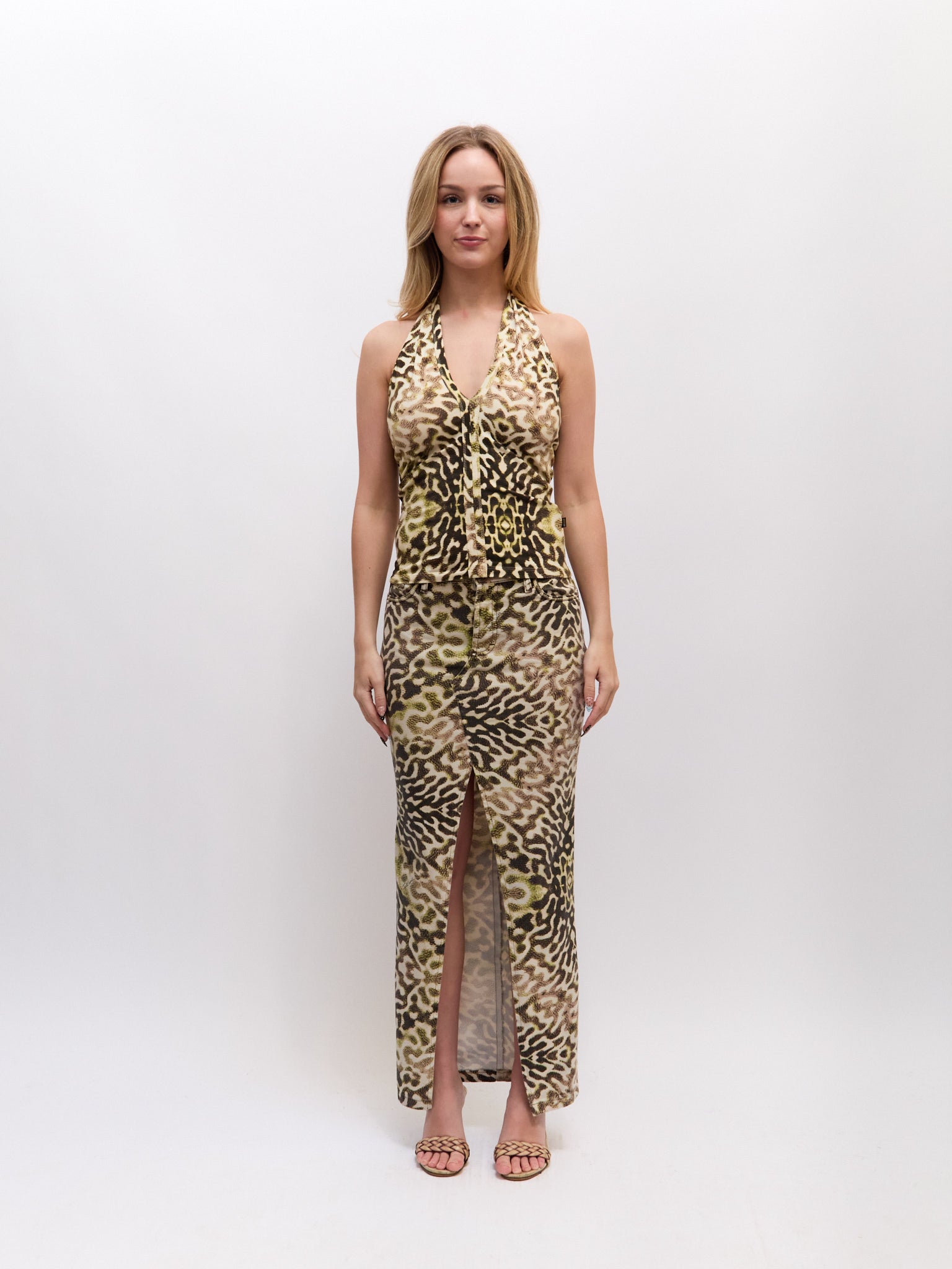 Just Cavalli Green Black Print Halter & Skirt Set