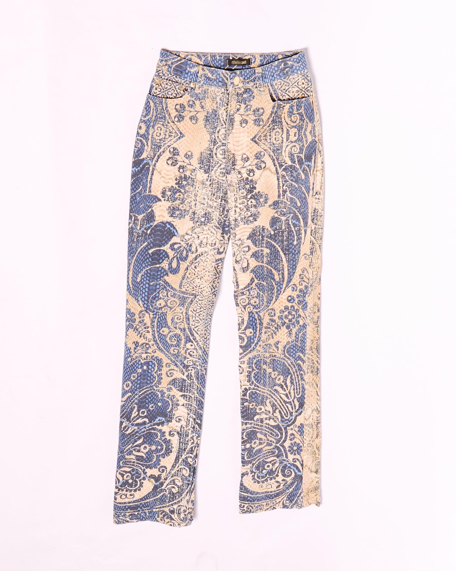 2000s Roberto Cavalli Blue and Gold Floral Damask Brocade Jeans Size S W26