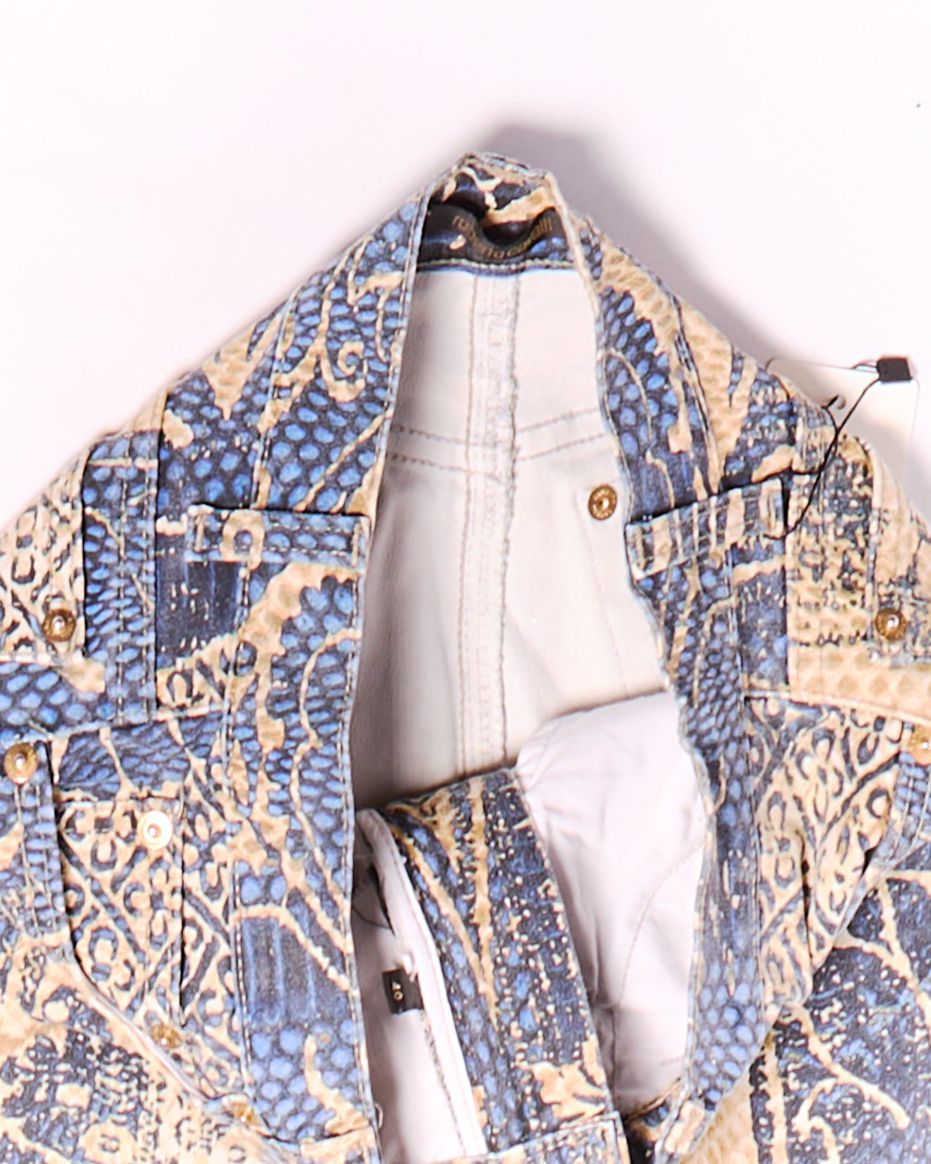2000s Roberto Cavalli Blue and Gold Floral Damask Brocade Jeans Size S W26