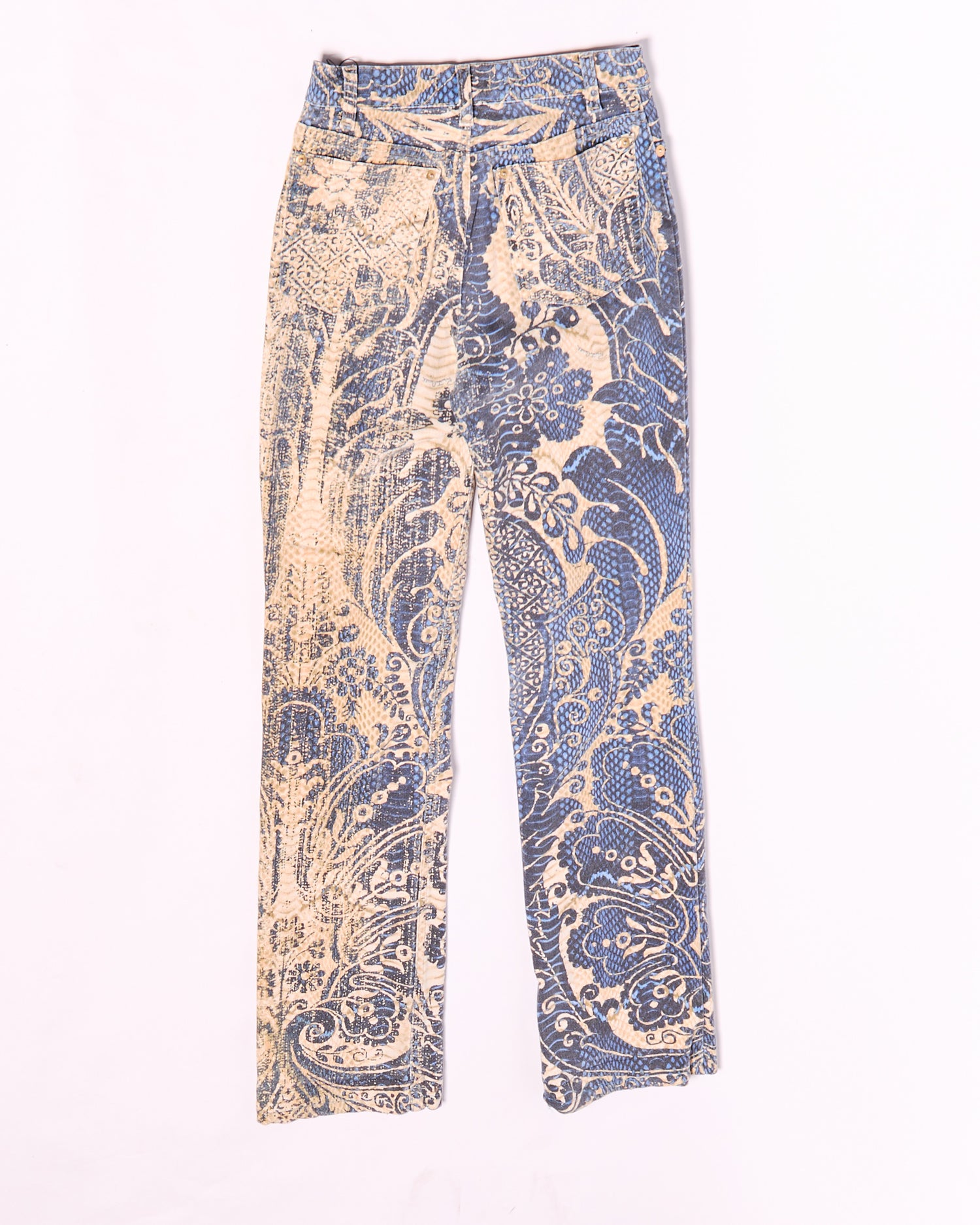 2000s Roberto Cavalli Blue and Gold Floral Damask Brocade Jeans Size S W26