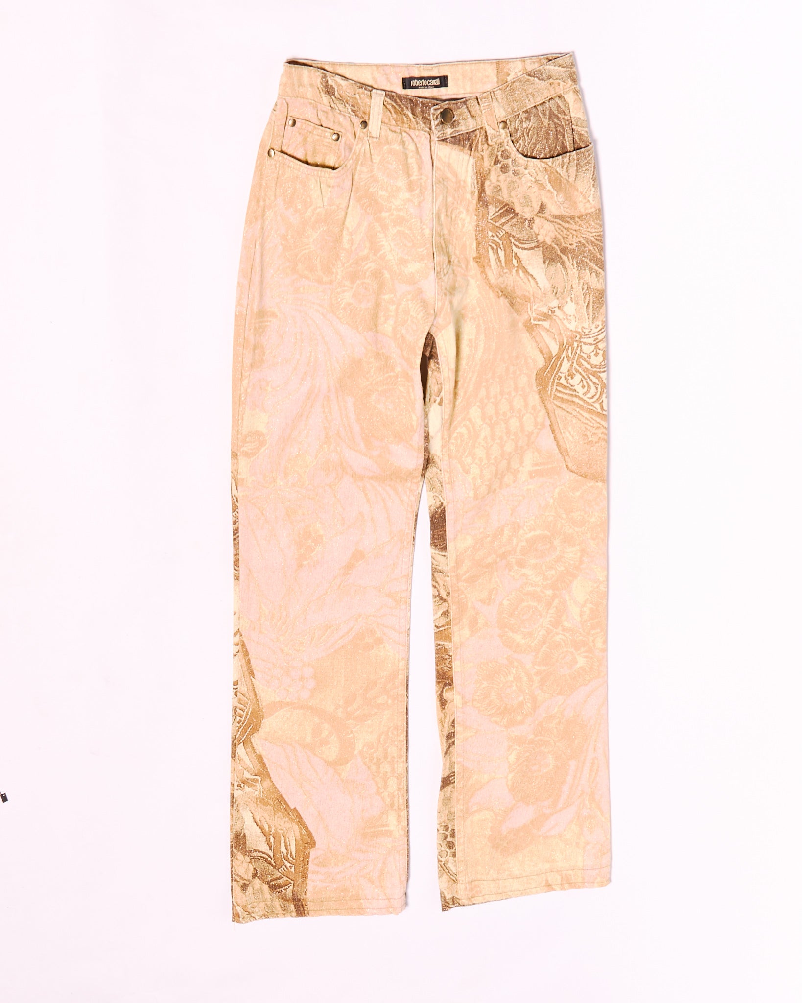 2000's Roberto Cavalli Gold Pink Renaissance Print Jeans Size M W29