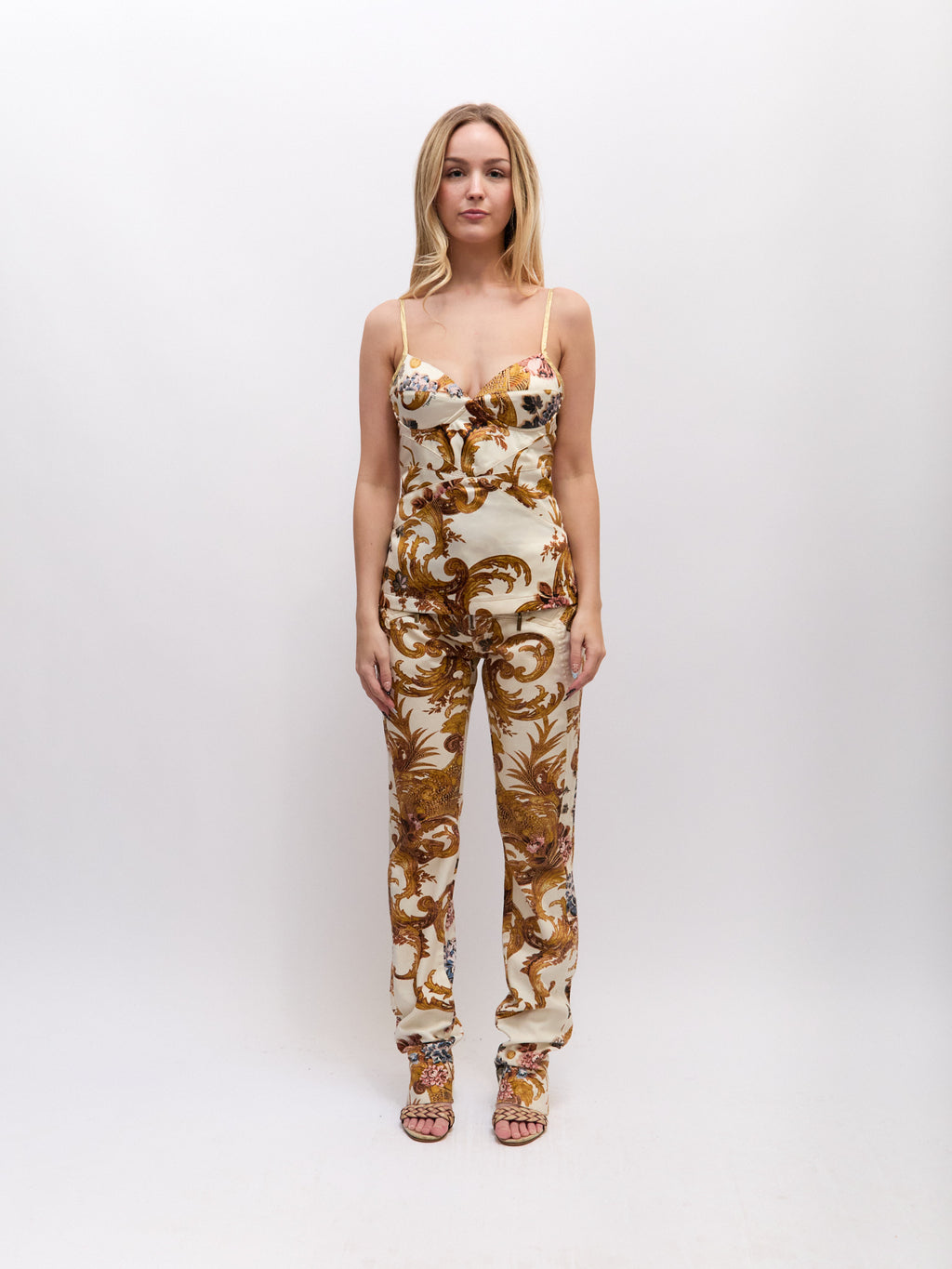 Just Cavalli Satin Gold Brocade Print Bustier Top