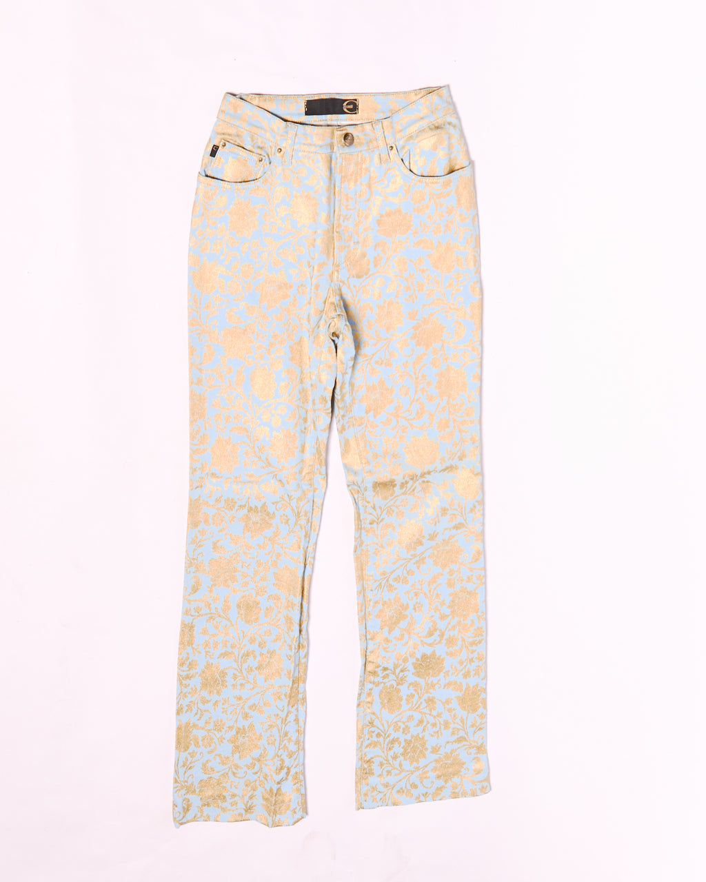 2000s Just Cavalli Light Blue and Gold Floral Damask Brocade Jeans