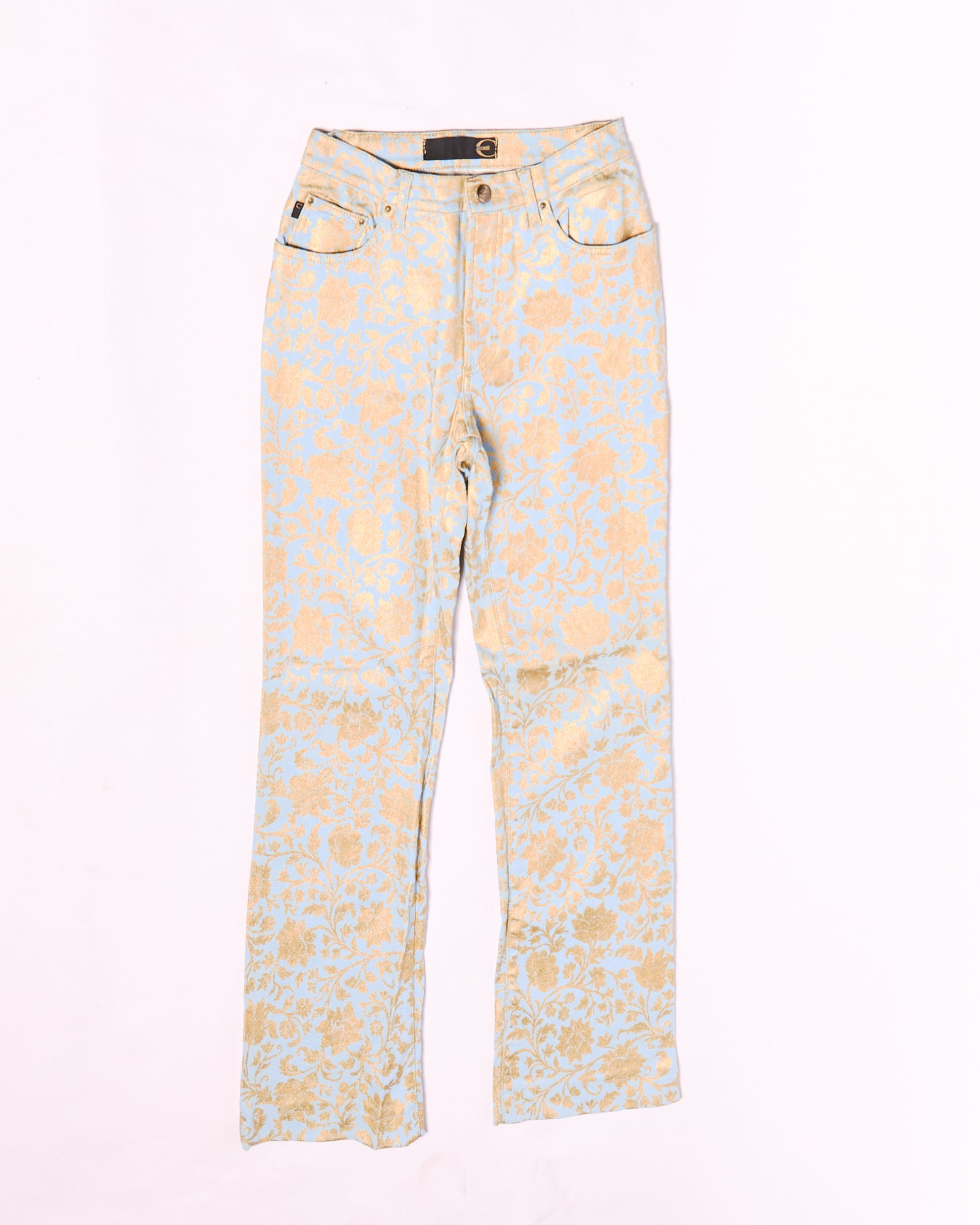2000s Just Cavalli Light Blue and Gold Floral Damask Brocade Jeans