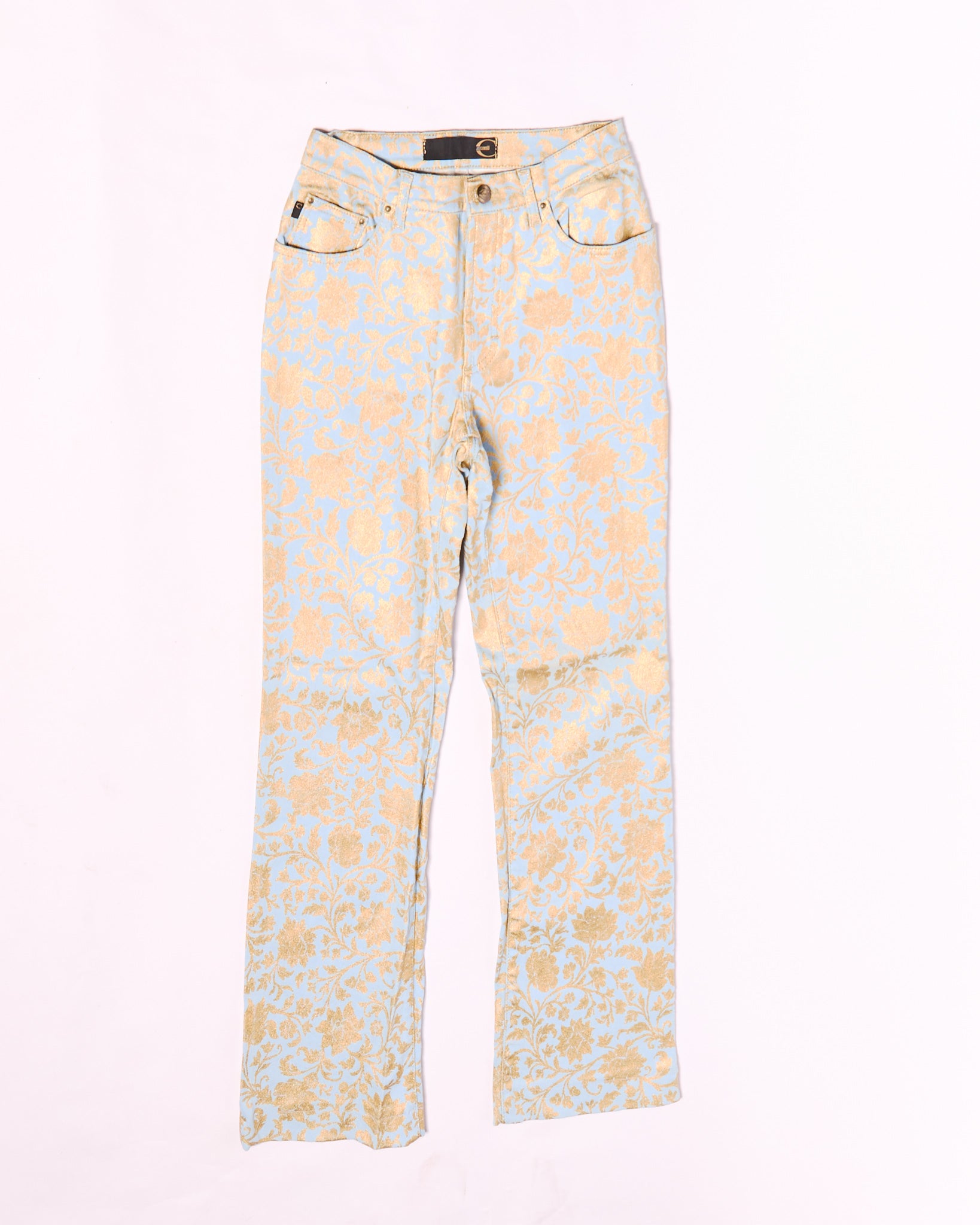 2000s Just Cavalli Light Blue and Gold Floral Damask Brocade Jeans