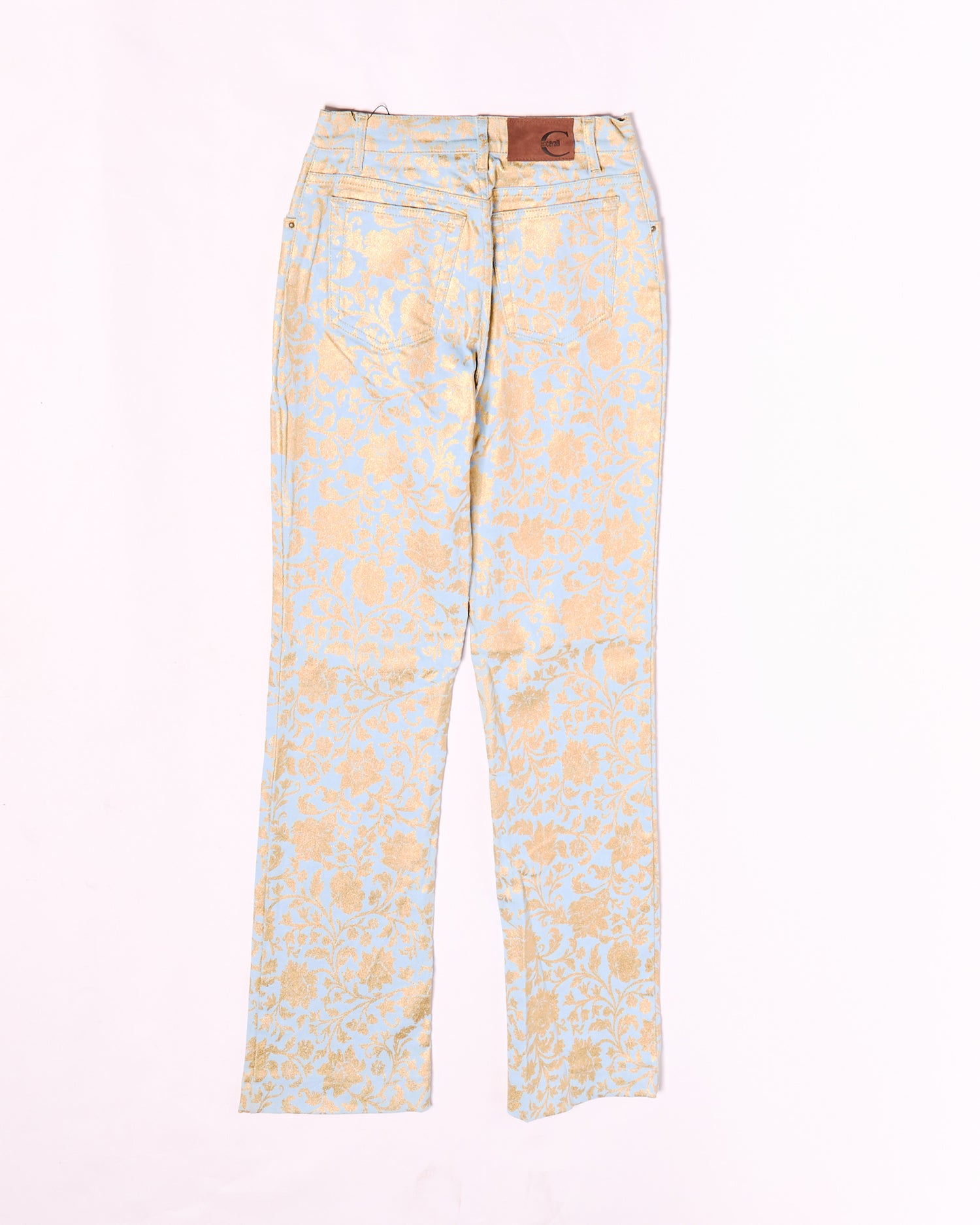 2000s Just Cavalli Light Blue and Gold Floral Damask Brocade Jeans