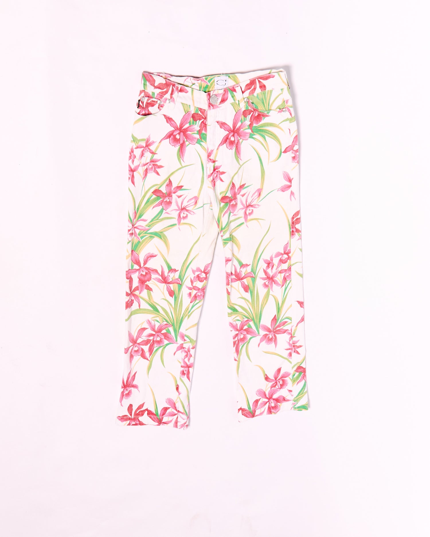 2000s Cavalli Jeans White Red Flower Print Jeans Size S W26