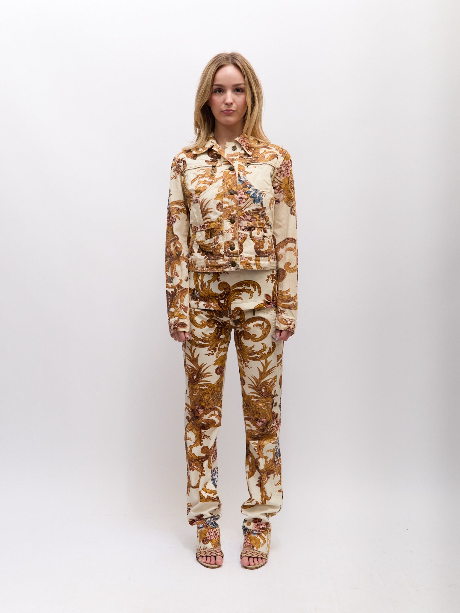 Just Cavalli Gold Brocade Print Denim Jacket