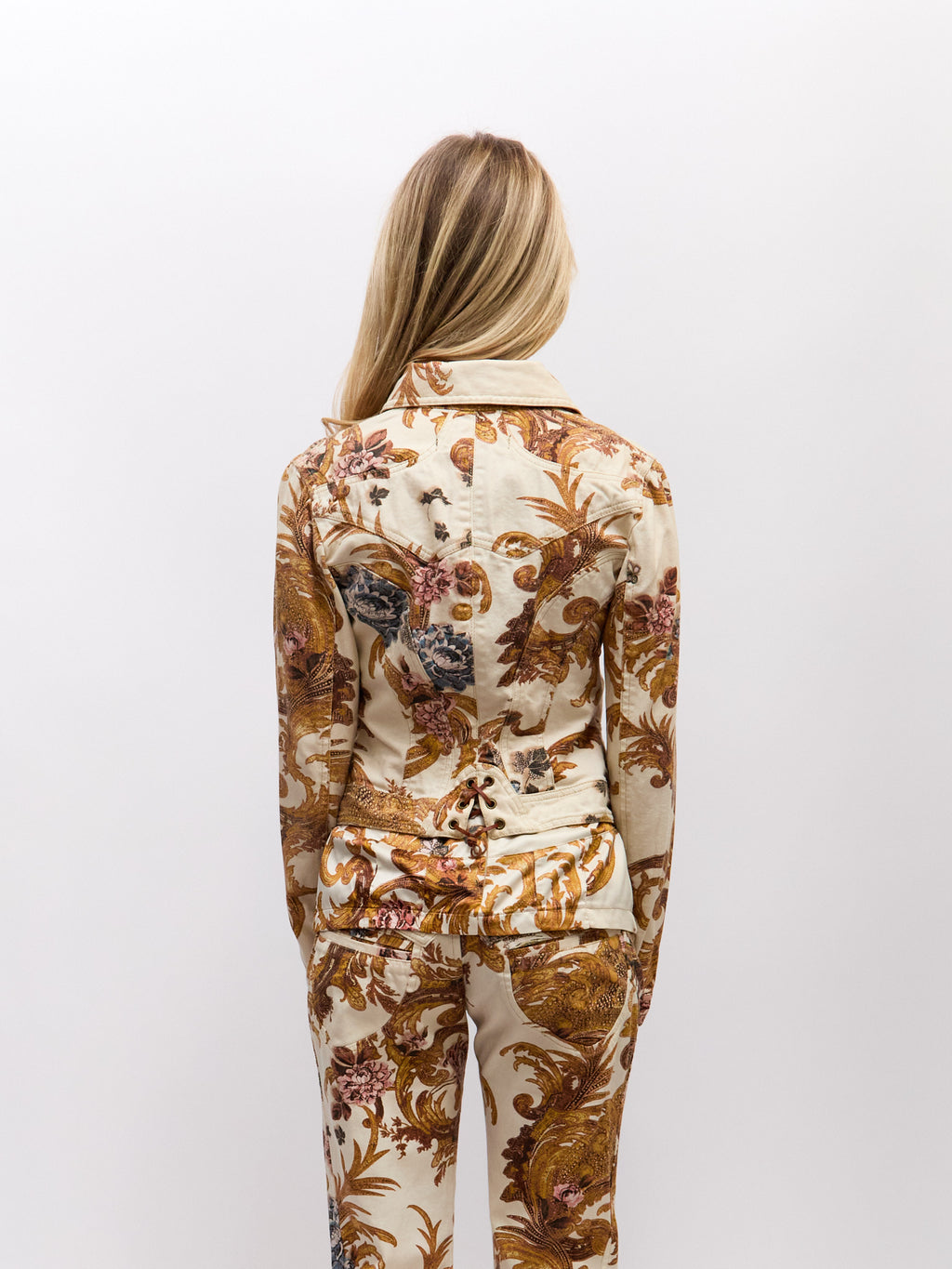 Just Cavalli Gold Brocade Print Denim Jacket
