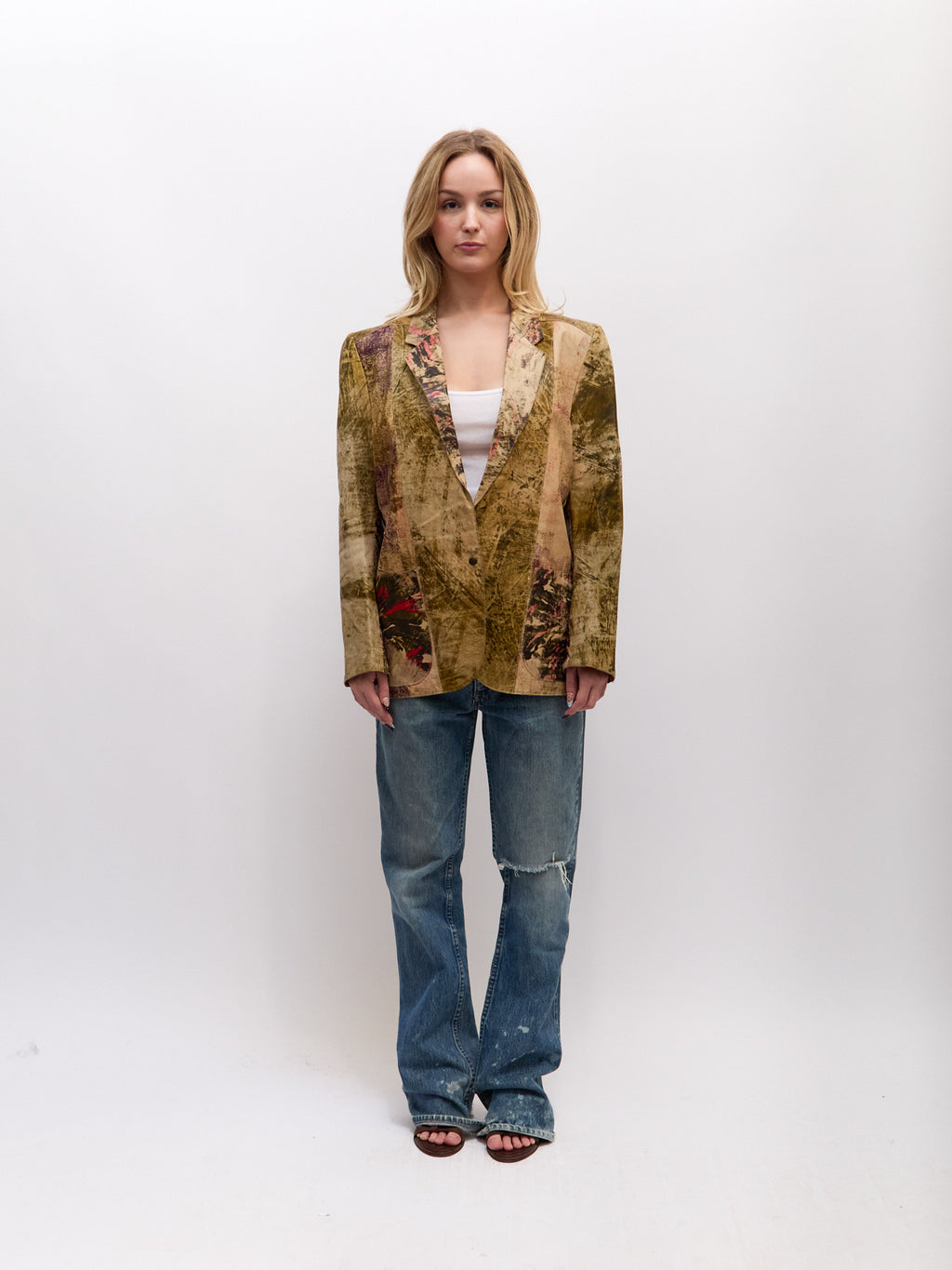90's Roberto Cavalli Tan Painted Multicolor Patchwork Leather Blazer