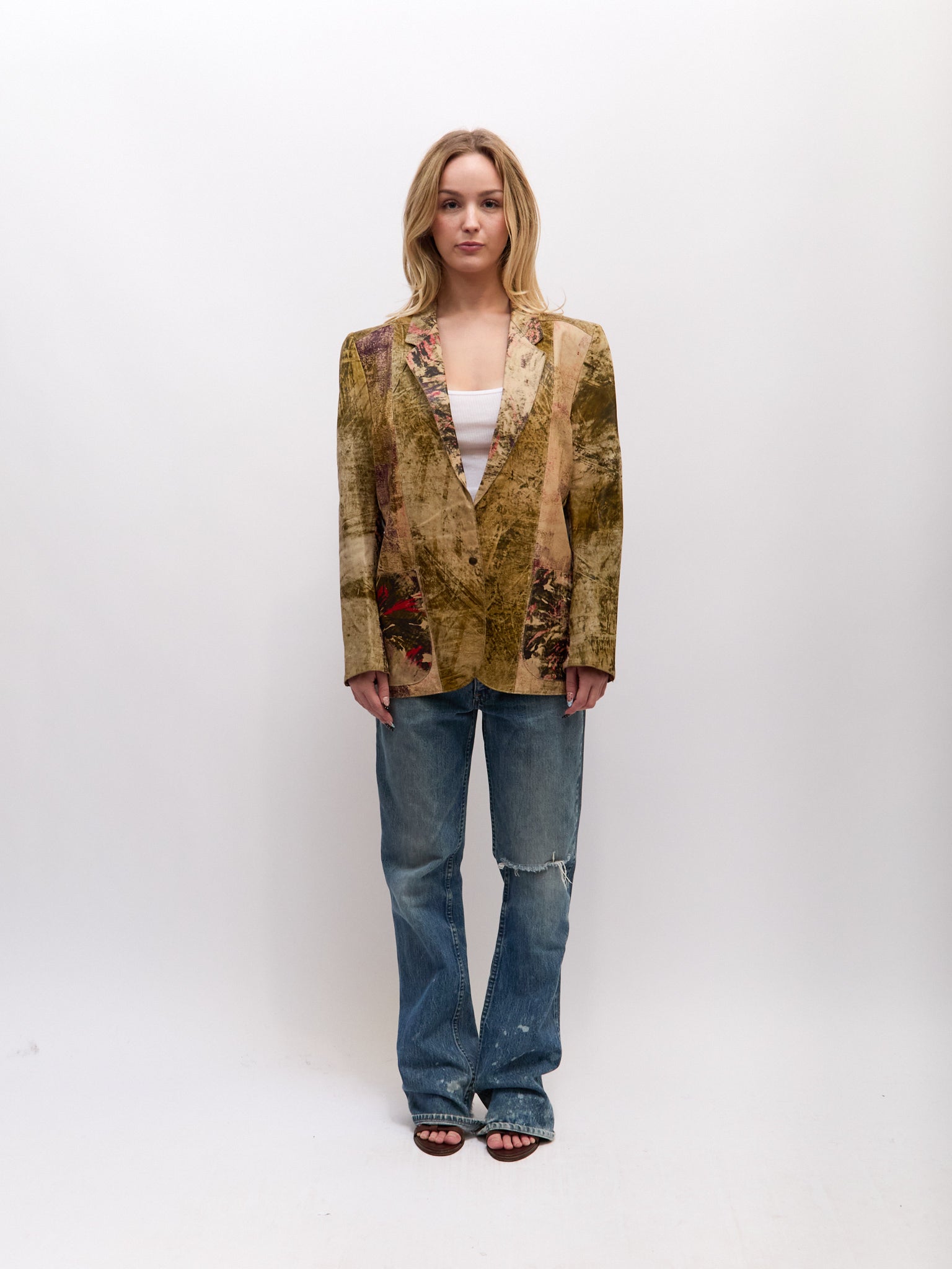 90's Roberto Cavalli Tan Painted Multicolor Patchwork Leather Blazer