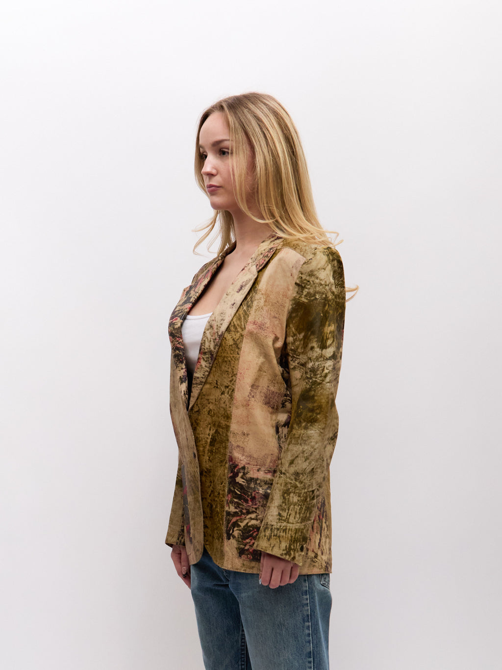 90's Roberto Cavalli Tan Painted Multicolor Patchwork Leather Blazer