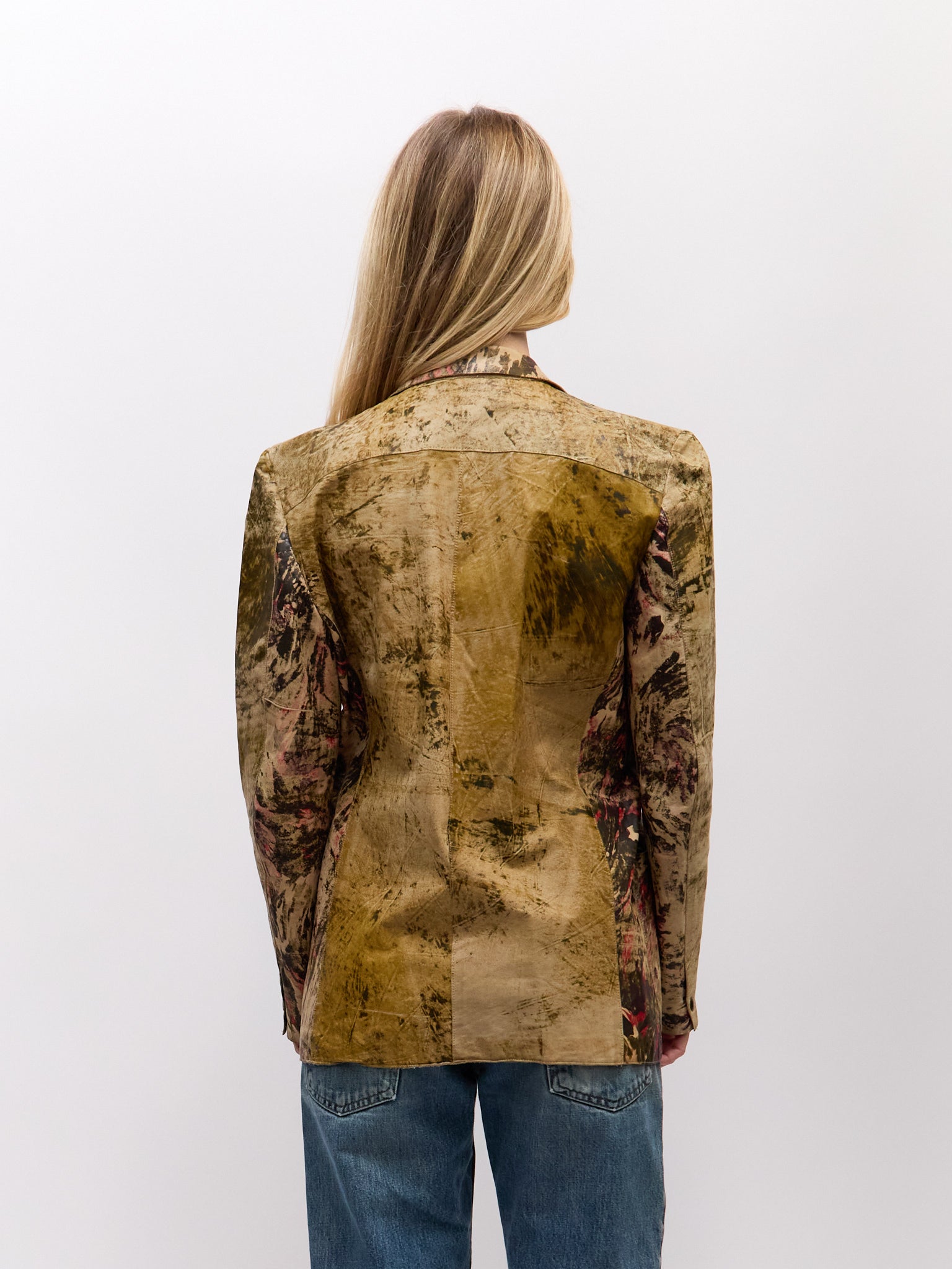 90's Roberto Cavalli Tan Painted Multicolor Patchwork Leather Blazer