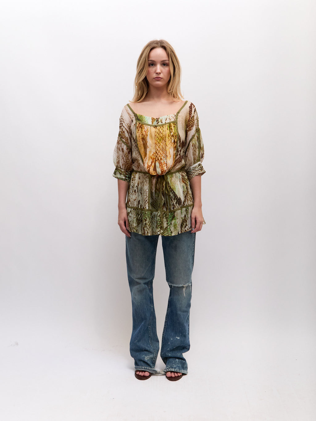 Just Cavalli Multicolor Python Sheer Peasant Blouse