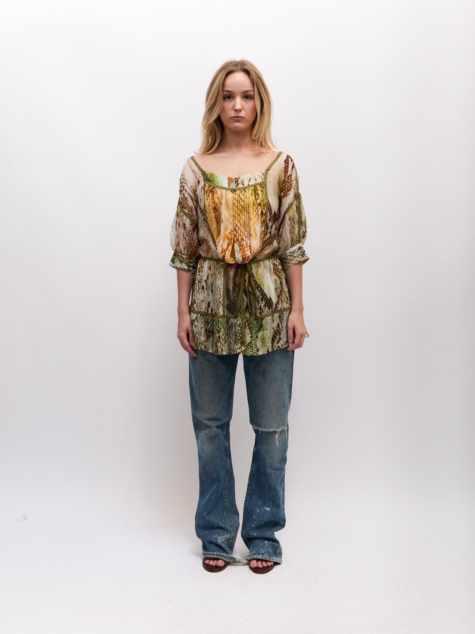 Just Cavalli Multicolor Python Sheer Peasant Blouse