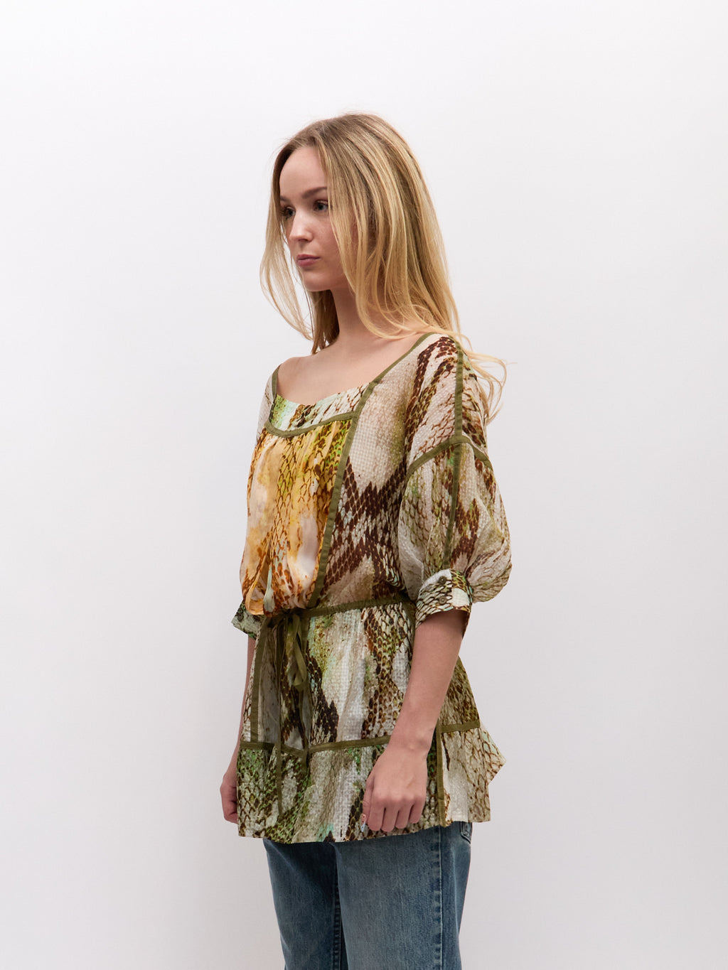 Just Cavalli Multicolor Python Sheer Peasant Blouse
