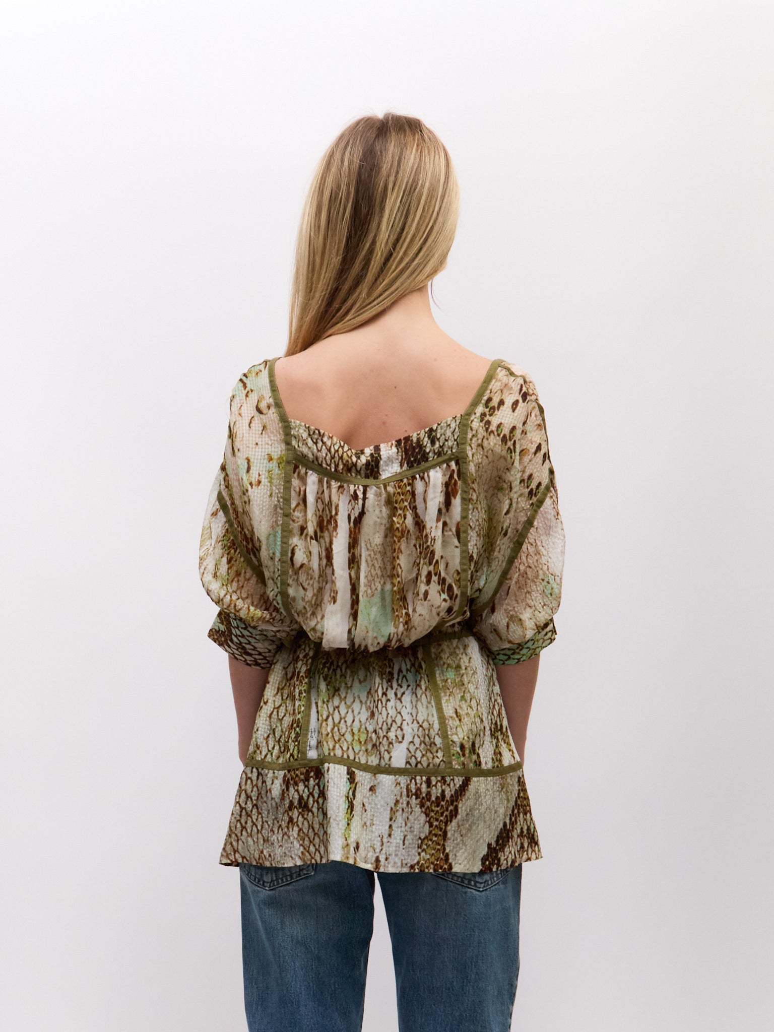 Just Cavalli Multicolor Python Sheer Peasant Blouse