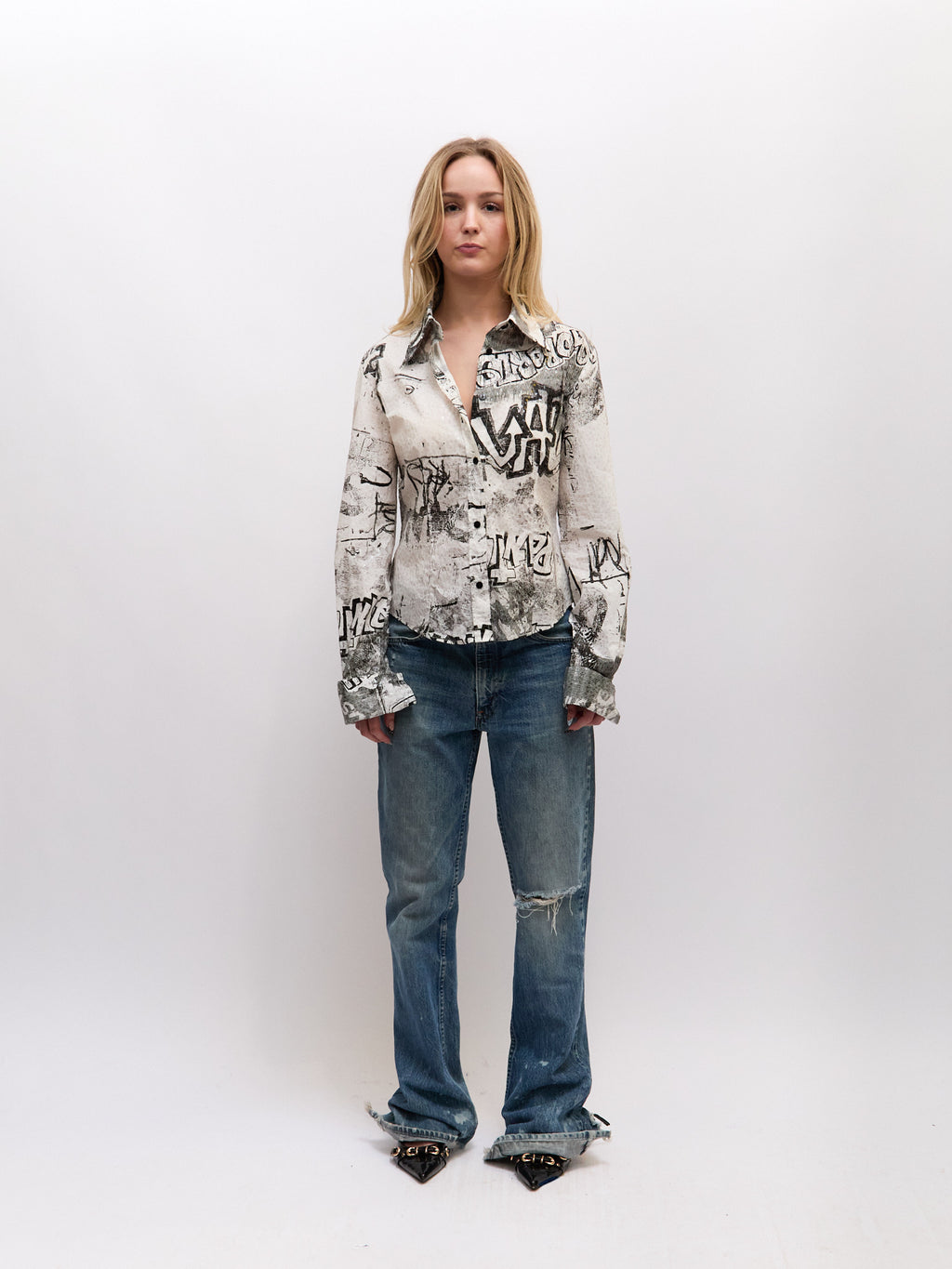 Just Cavalli Black White JC Graffiti Print Button Up