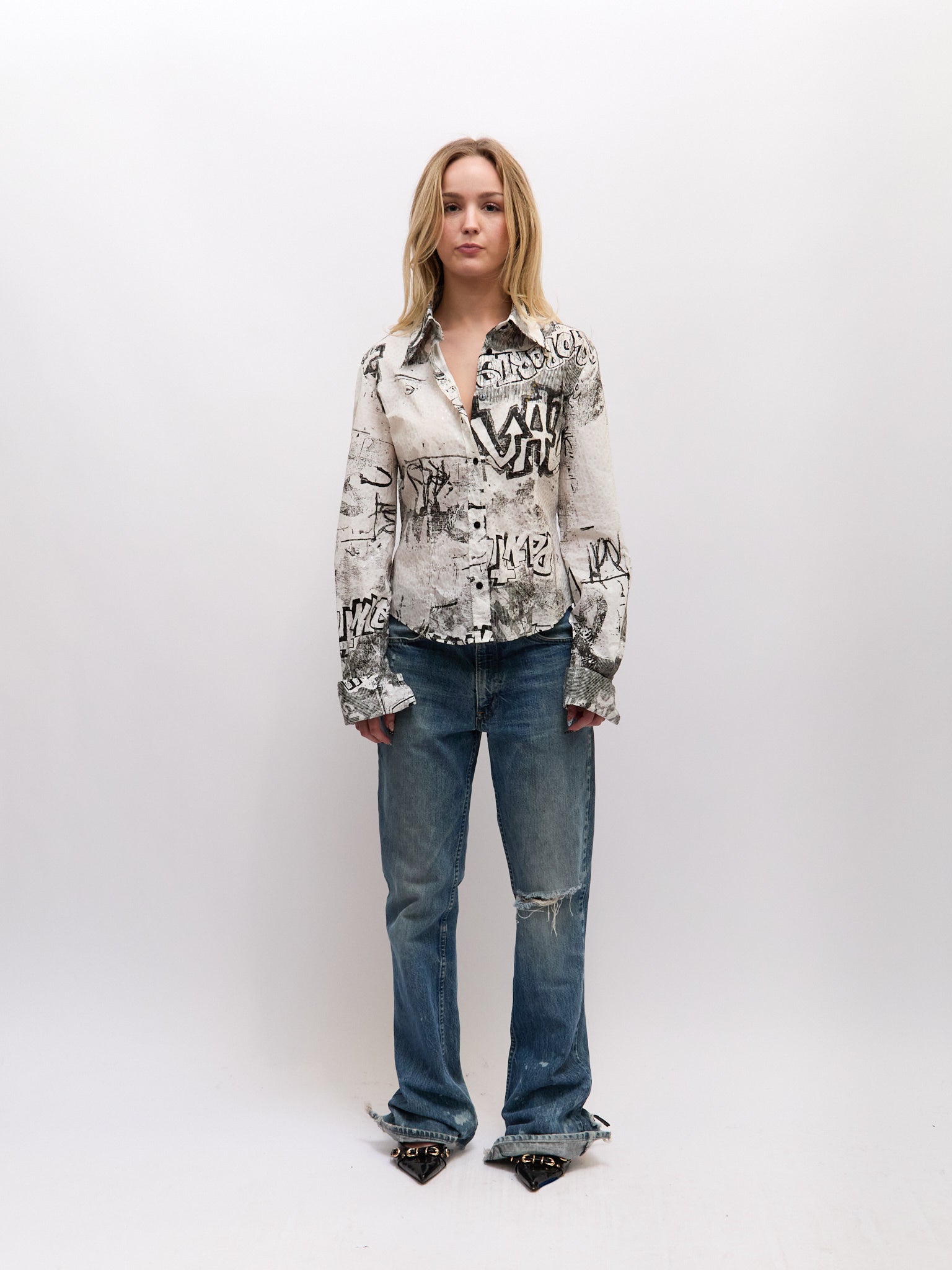 Just Cavalli Black White JC Graffiti Print Button Up