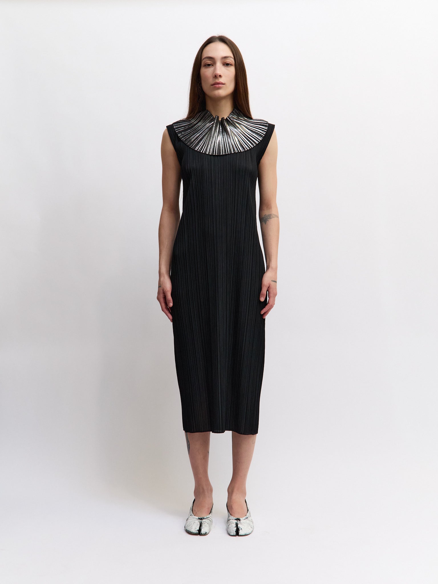 Pleats Please Long Black Silver Neck Dress