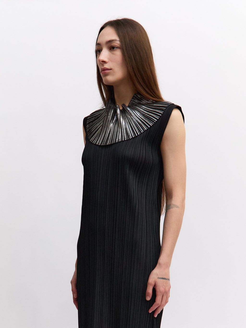 Pleats Please Long Black Silver Neck Dress
