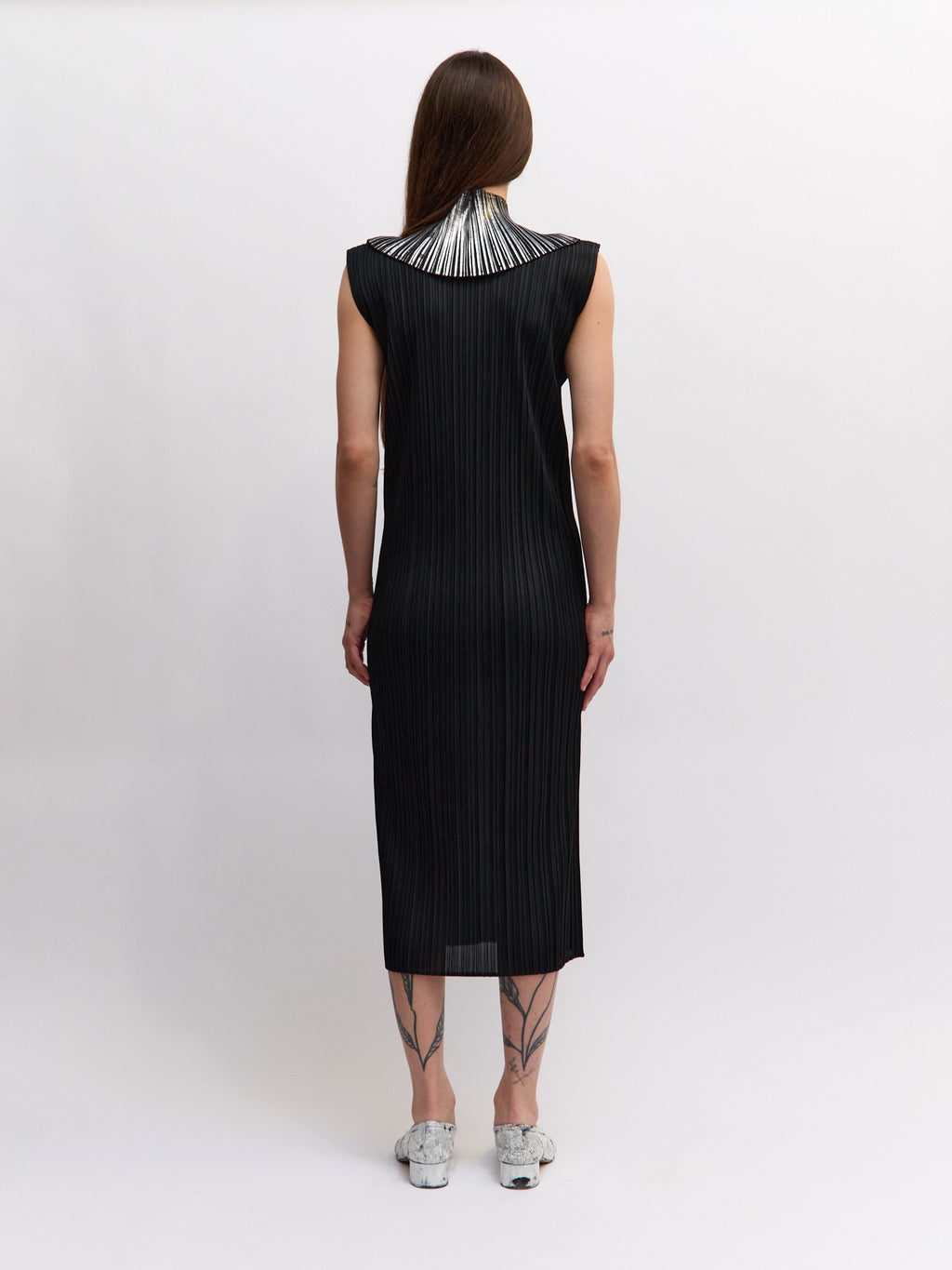 Pleats Please Long Black Silver Neck Dress