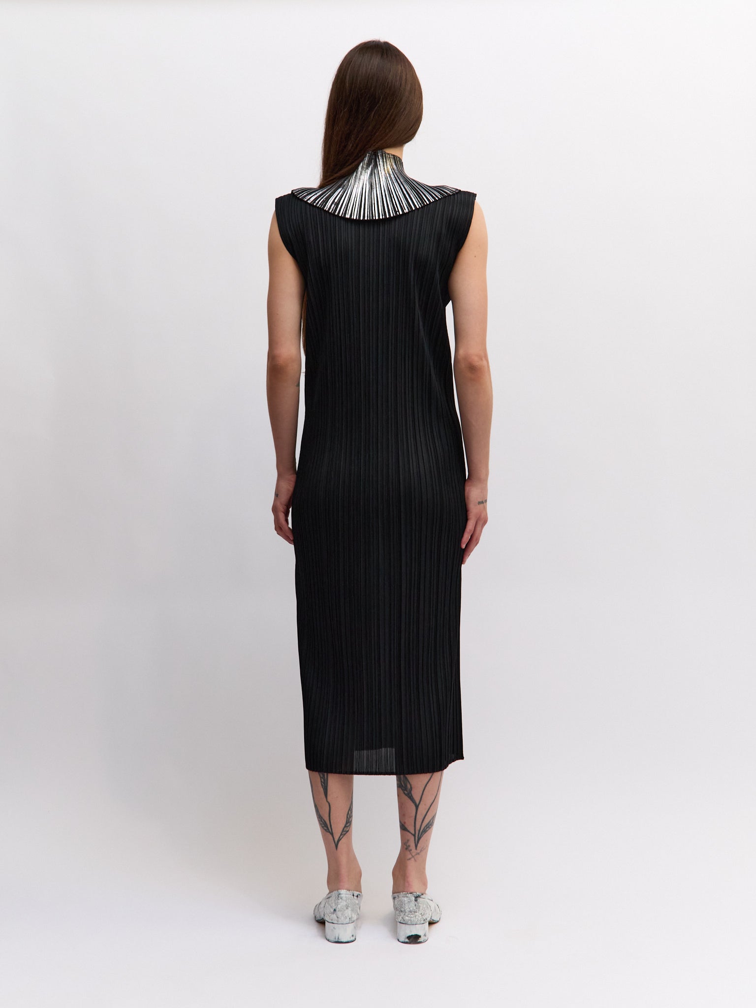 Pleats Please Long Black Silver Neck Dress