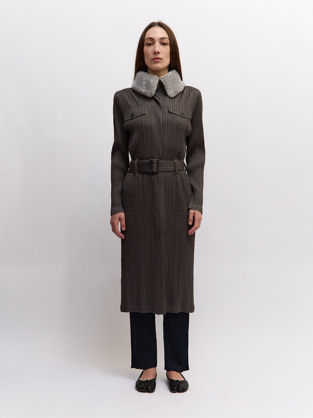 Pleats Please Issey Miyake Grey Fur Collar Coat