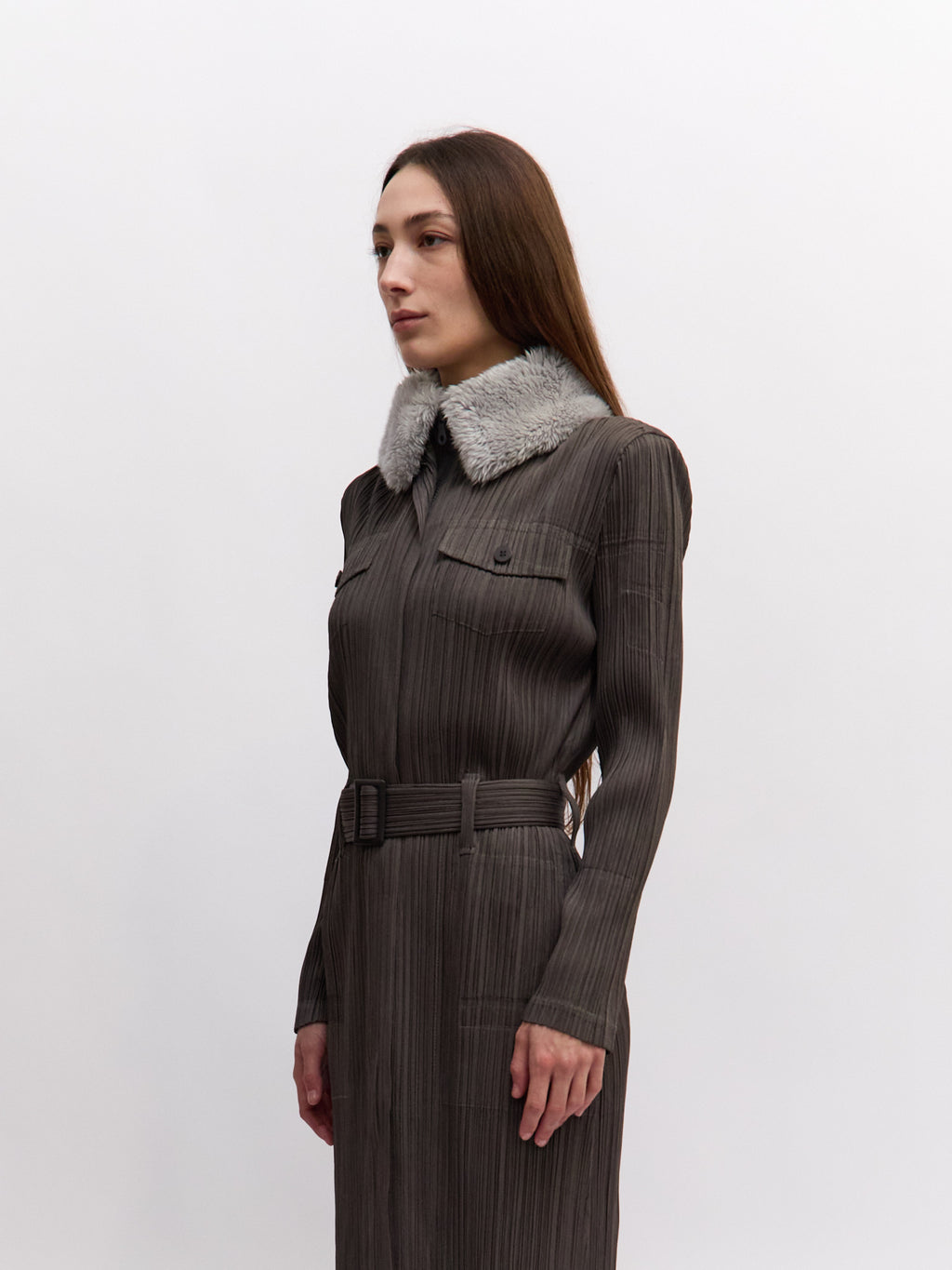 Pleats Please Issey Miyake Grey Fur Collar Coat
