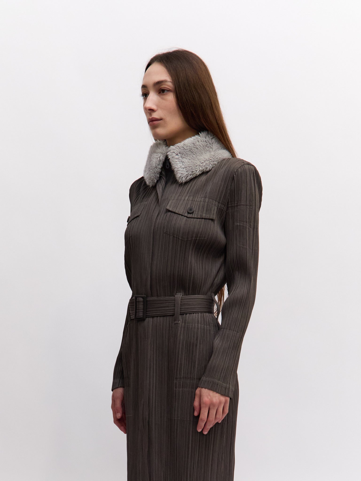 Pleats Please Issey Miyake Grey Fur Collar Coat