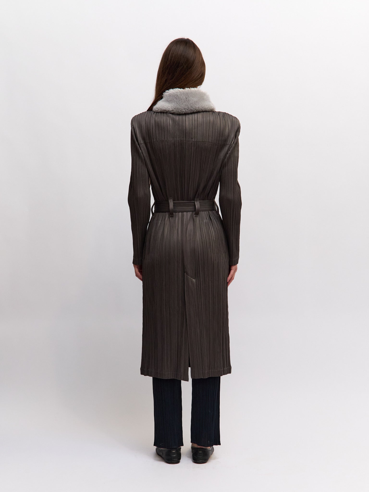 Pleats Please Issey Miyake Grey Fur Collar Coat