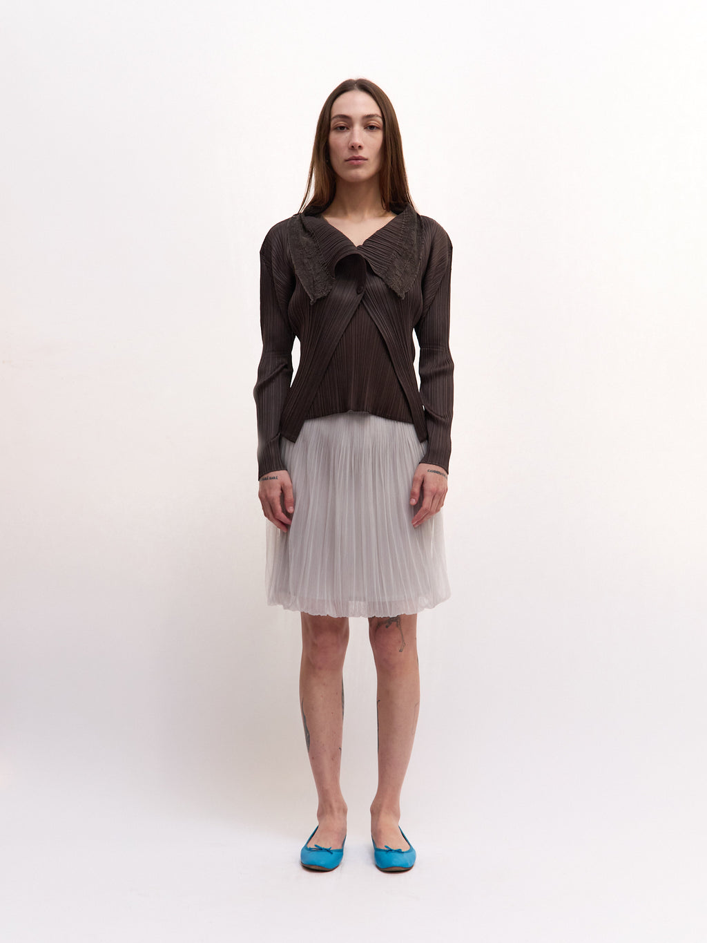 Pleats Plese Brown Lace Trim Longsleeve Cardigan