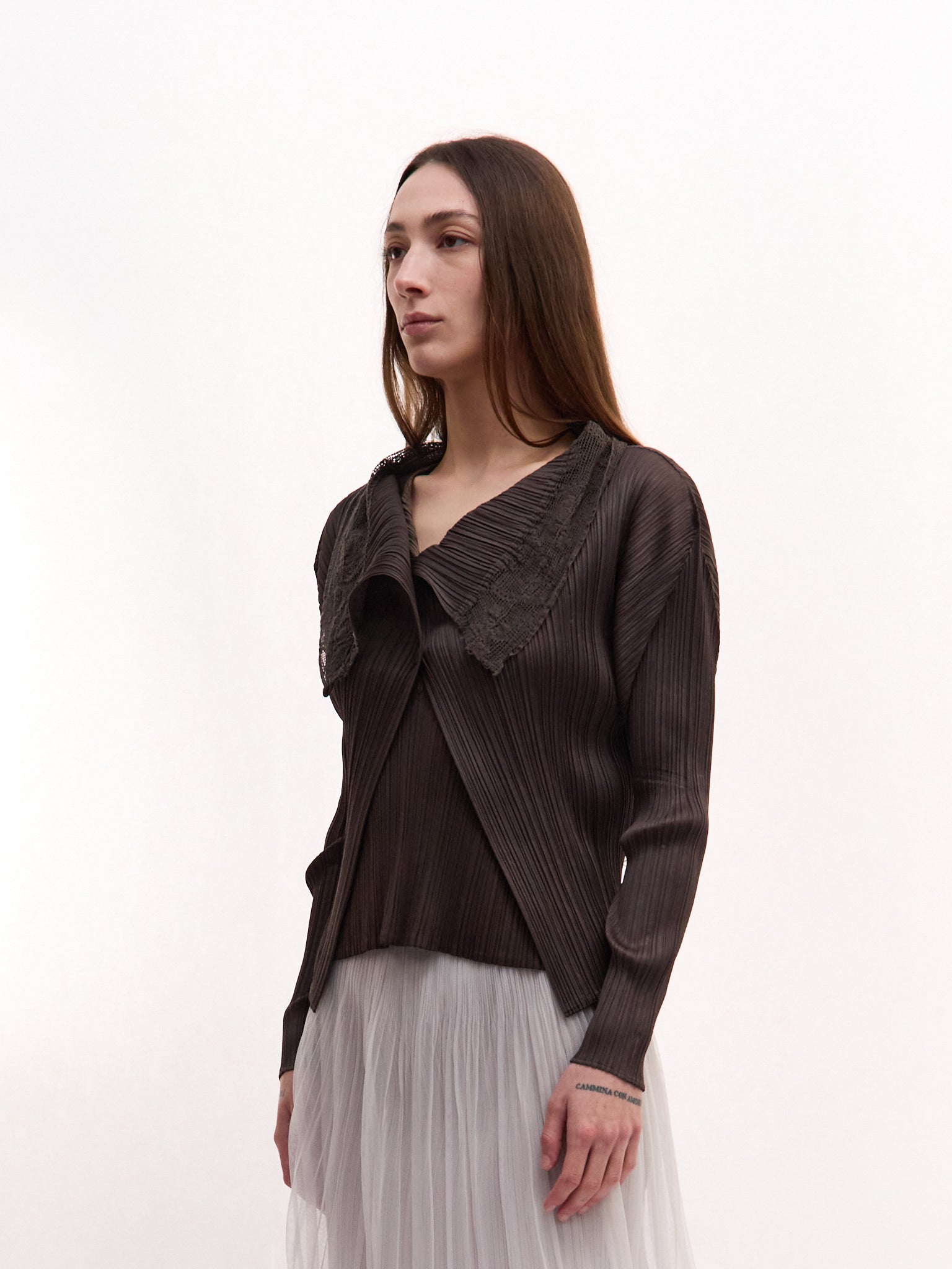 Pleats Plese Brown Lace Trim Longsleeve Cardigan