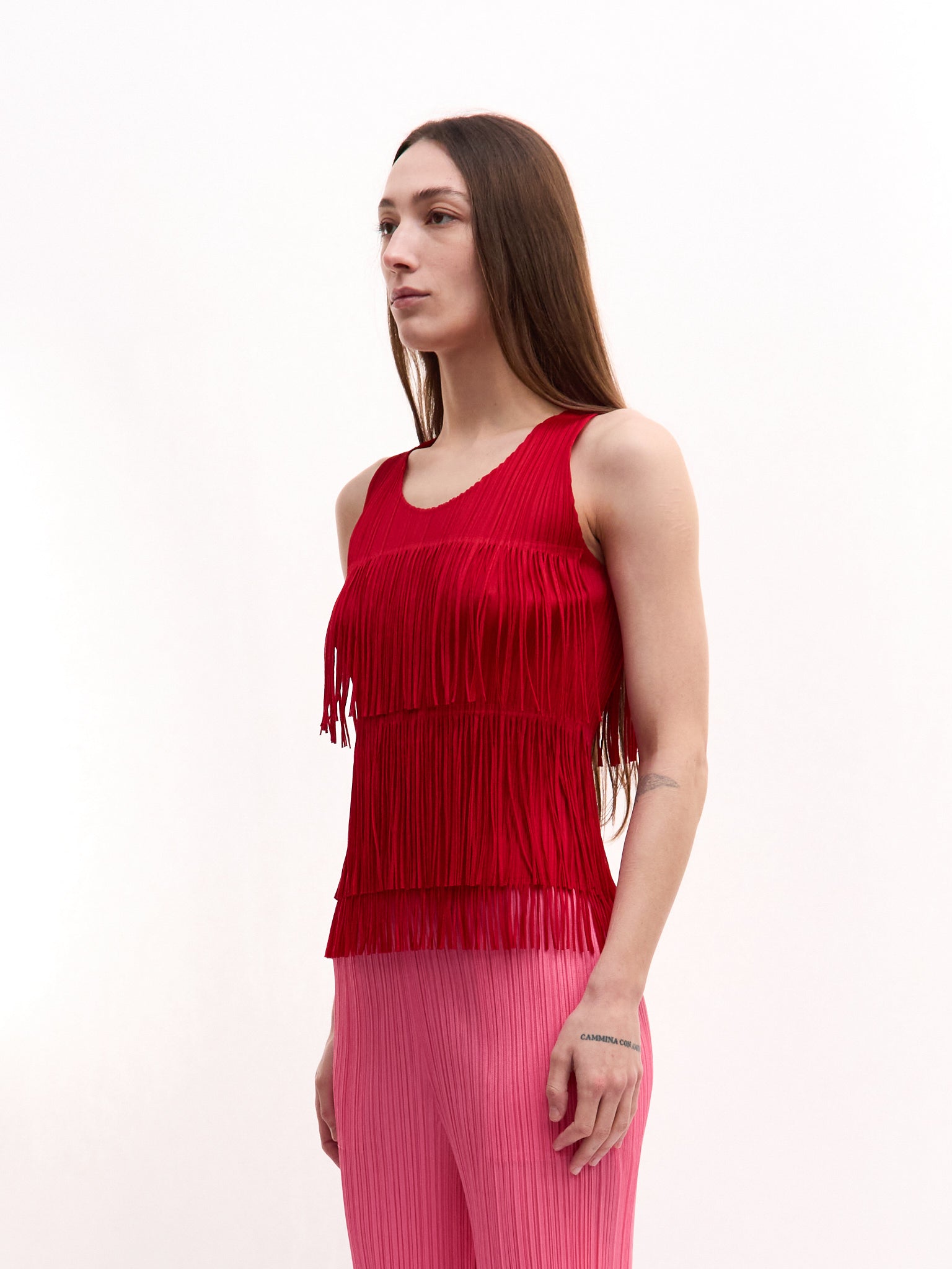 Pleats Please Red Fringe Top