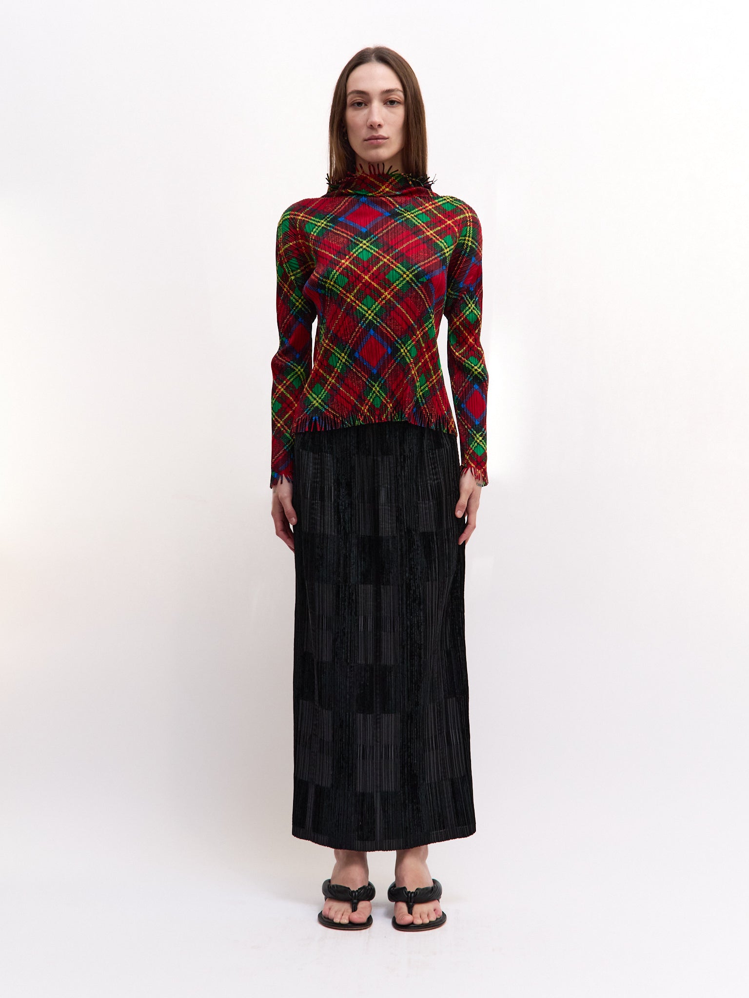 Pleats Pleats Red Plaid Print Long Sleeve