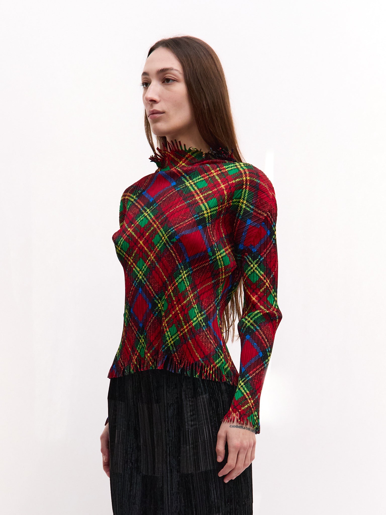 Pleats Pleats Red Plaid Print Long Sleeve