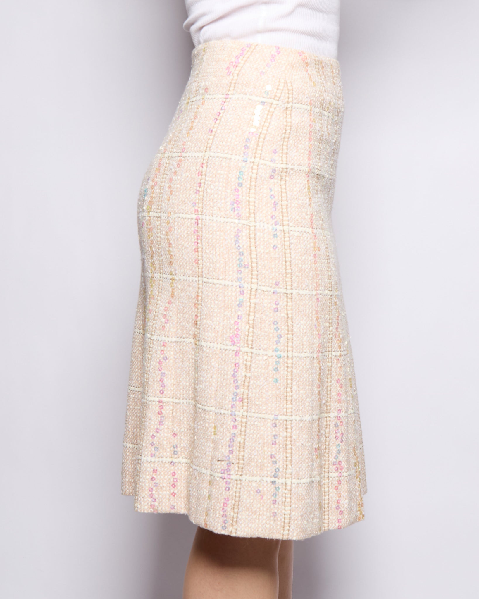 2003 Chanel Beige Sequin Tweed Coco Mark Skirt