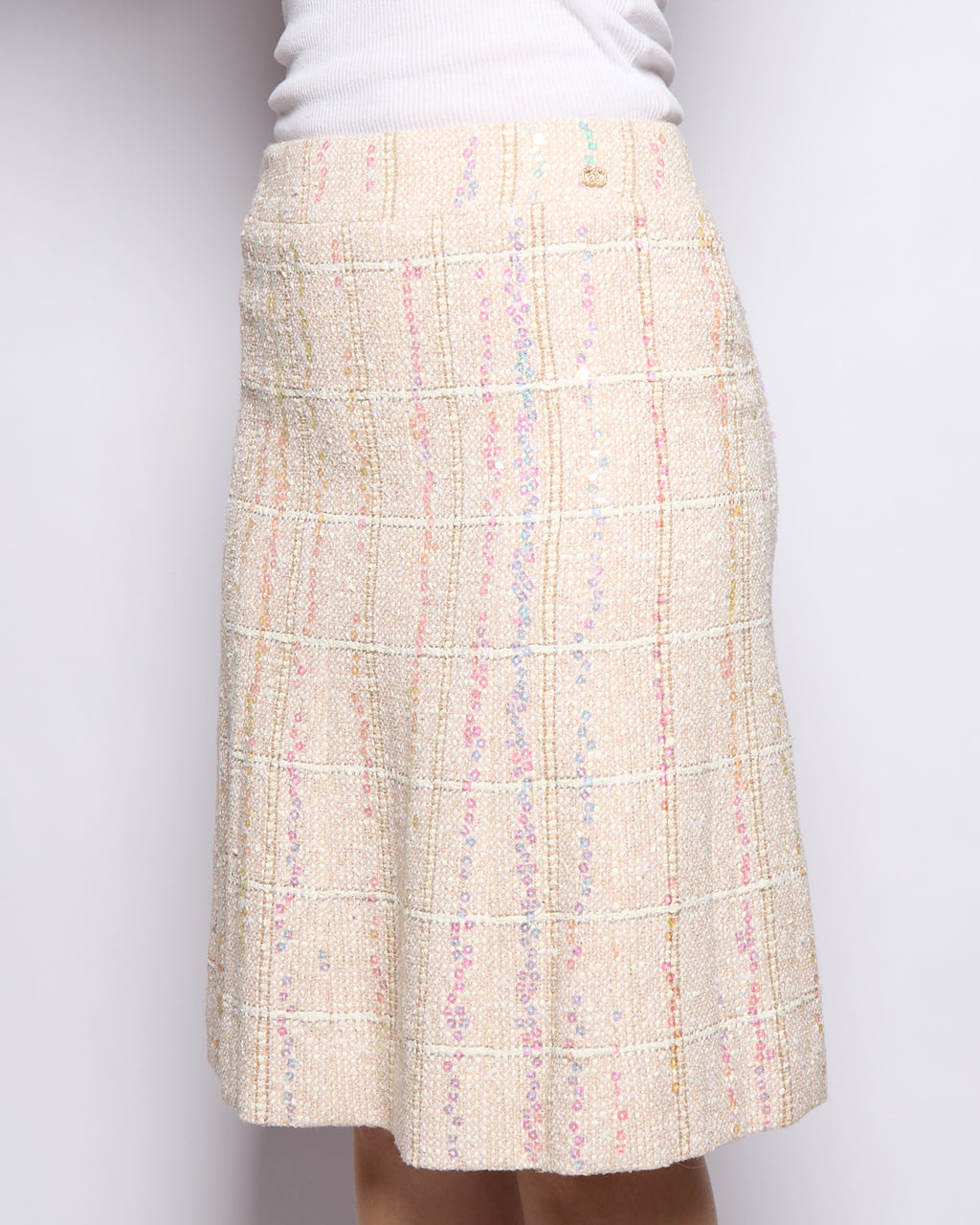 2003 Chanel Beige Sequin Tweed Coco Mark Skirt