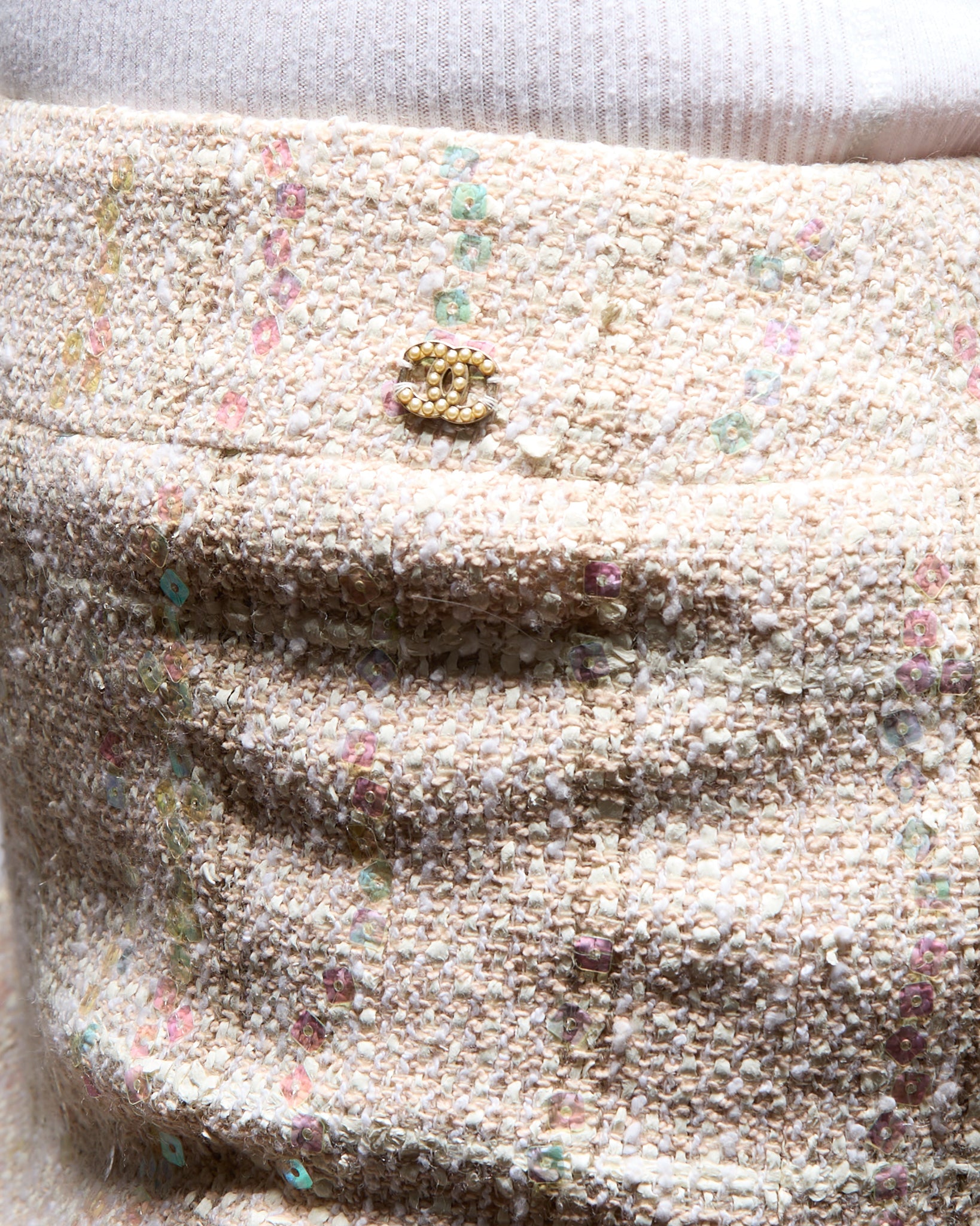 2003 Chanel Beige Sequin Tweed Coco Mark Skirt